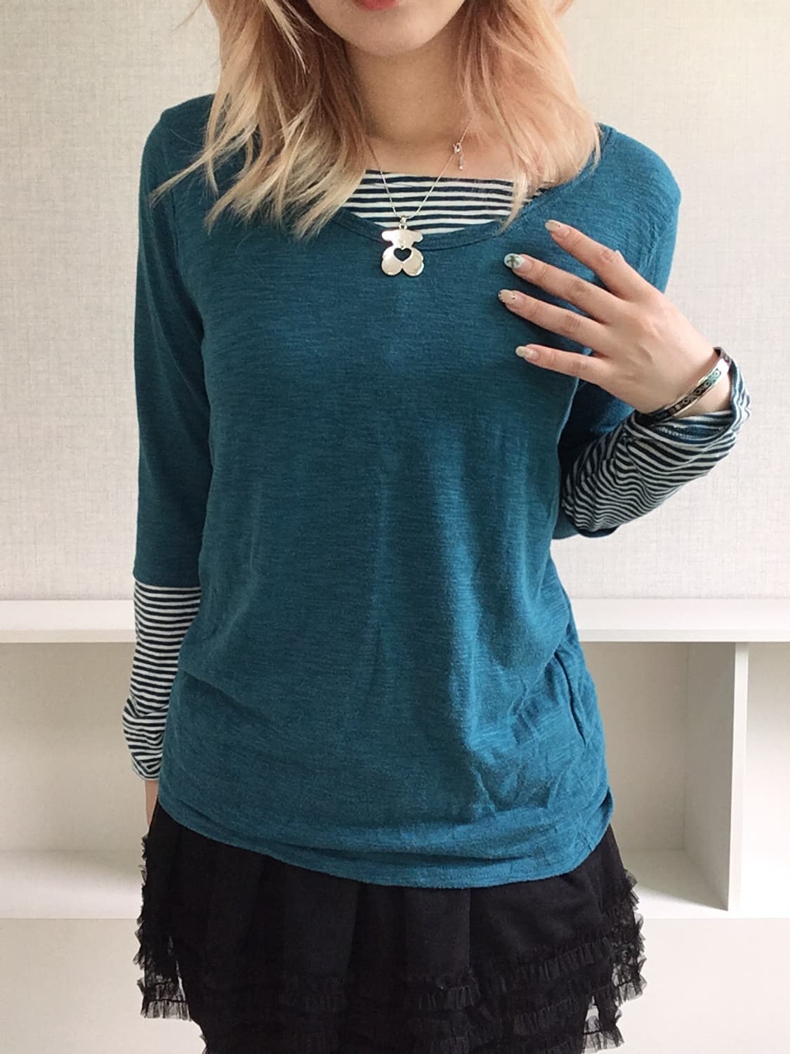 -jpn vintage bluegreen stripe shirring l 상품이미지4