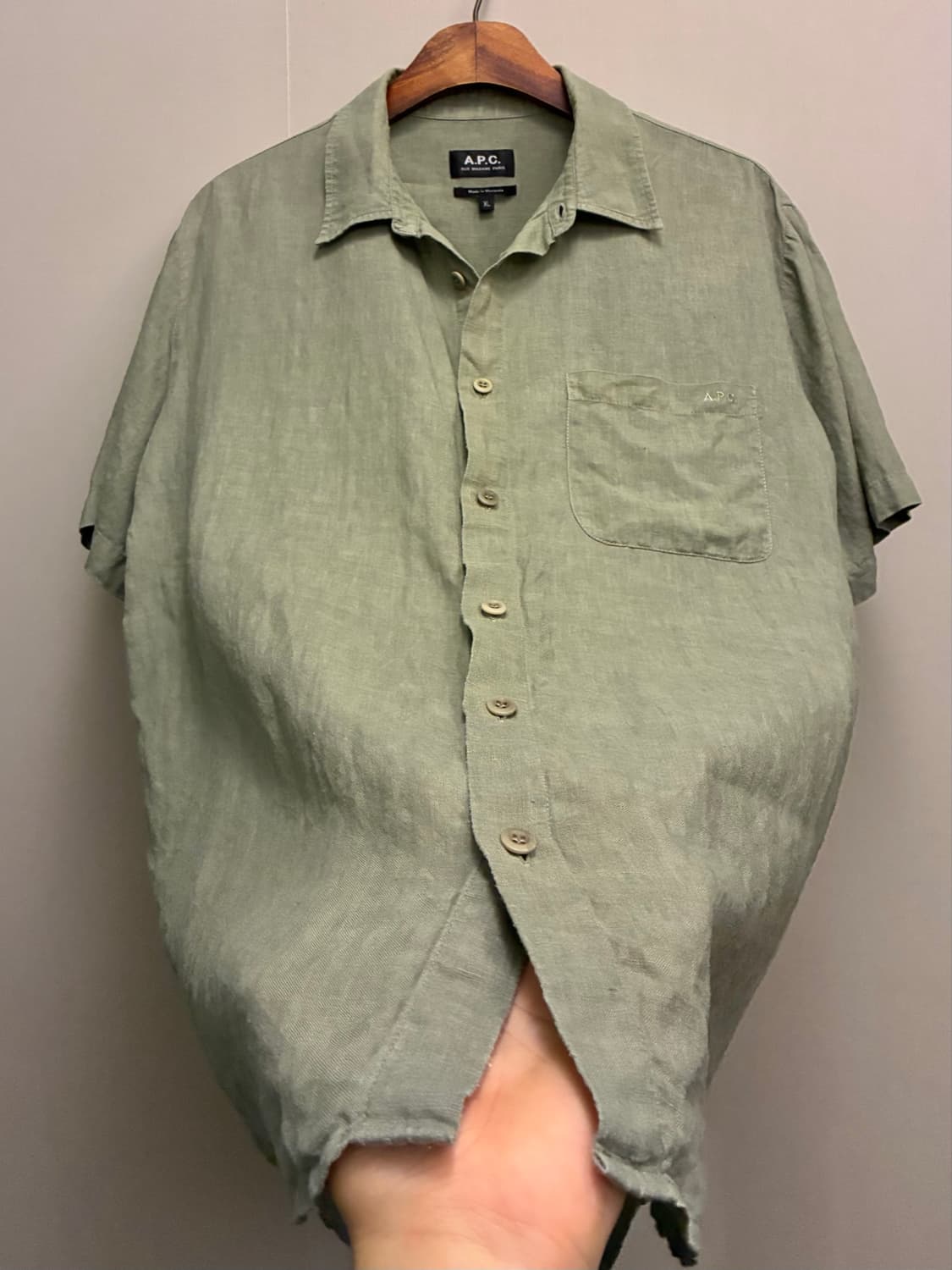 (L~XL)APC 아페쎄 리넨 포켓 릴렉스 반팔셔츠 올리브 상품이미지7