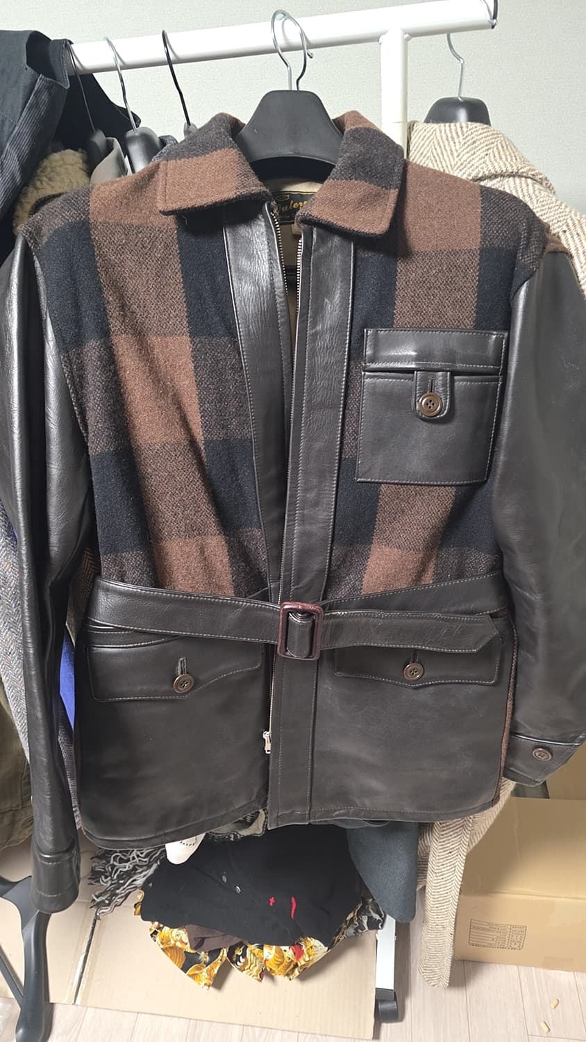 쿠쉬맨 울 체크 가죽자켓 브라운 상품이미지1