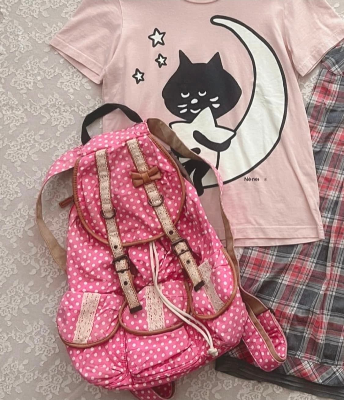 모리노가토 핑크 땡땡이 도트 백팩 빈티지 상품이미지1