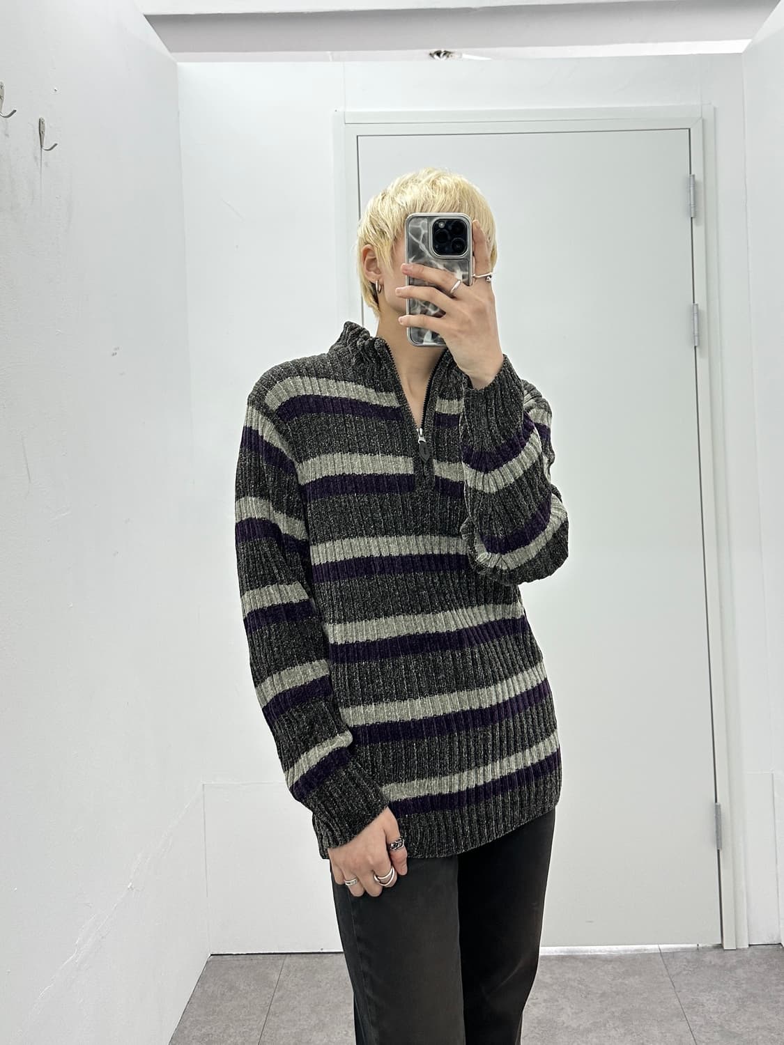 Sunlucas velvet stripe purple knit top 상품이미지1