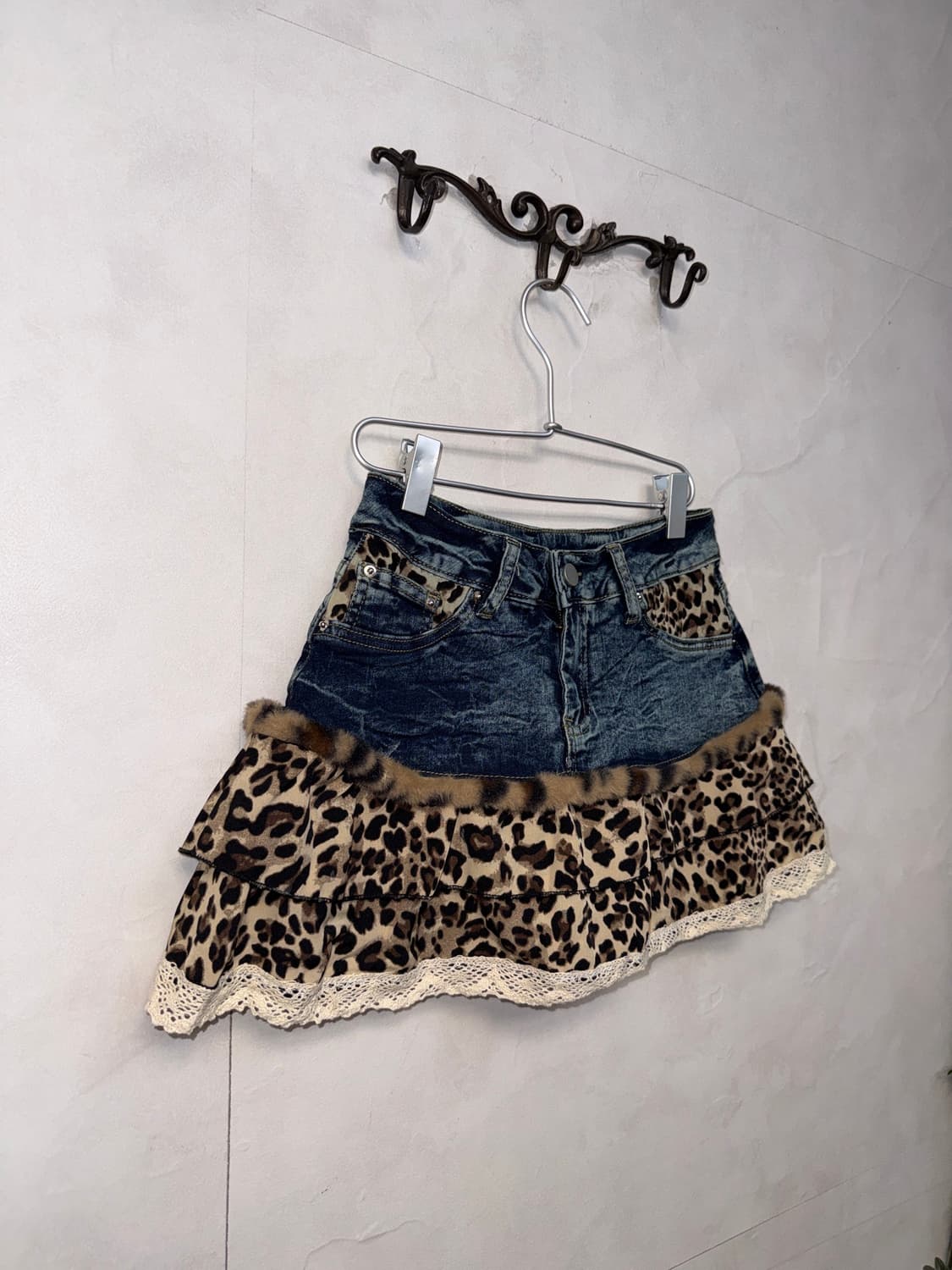 Washing denim leopard fur trimmed sk 상품이미지2