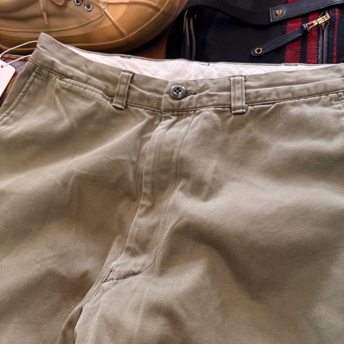 쇼트 NYC 일본생산 올리브 치노 팬츠 데미지 힐바이트 30 31 상품이미지3