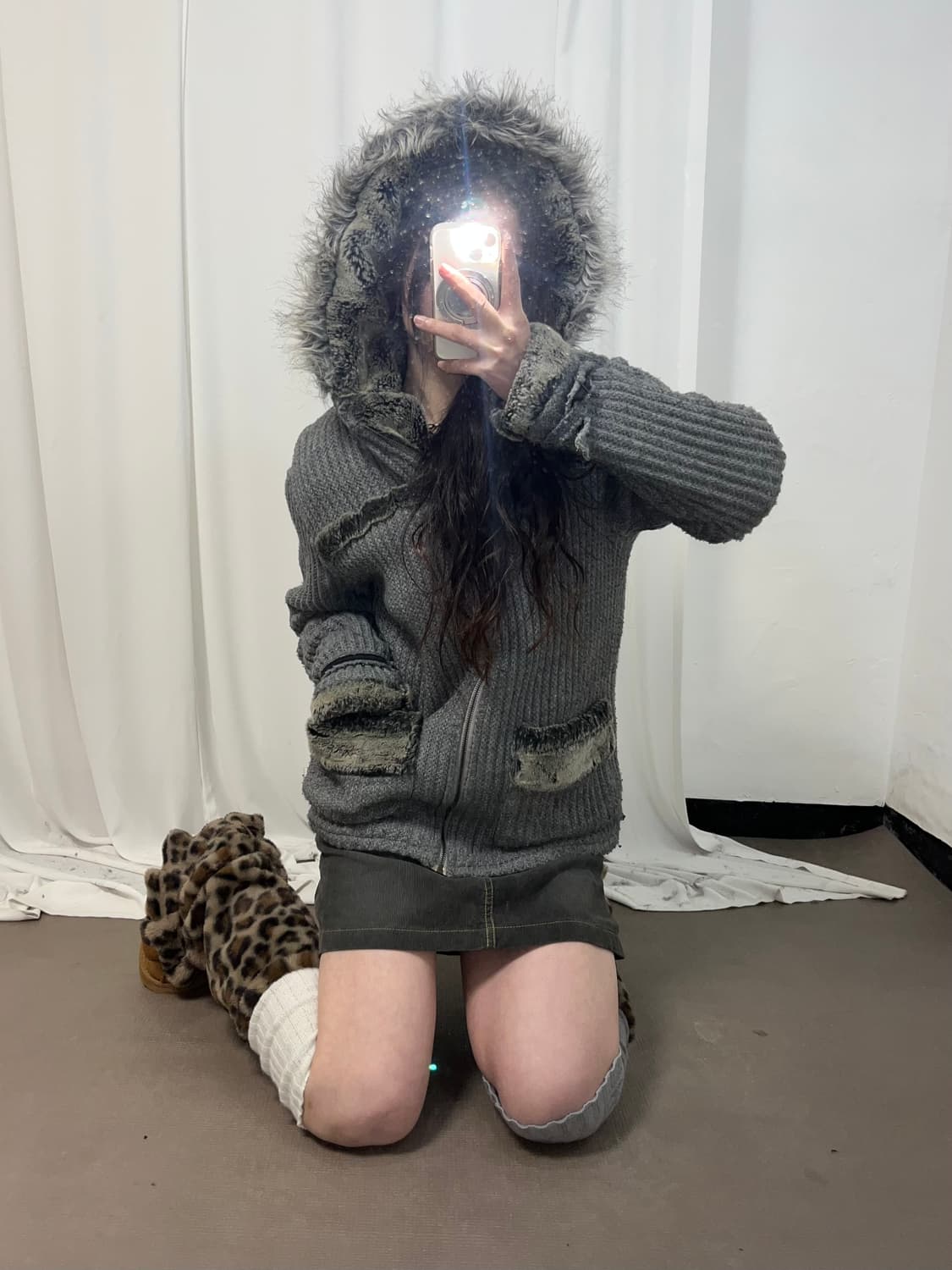 울프죠 니트 후드집업 상품이미지3