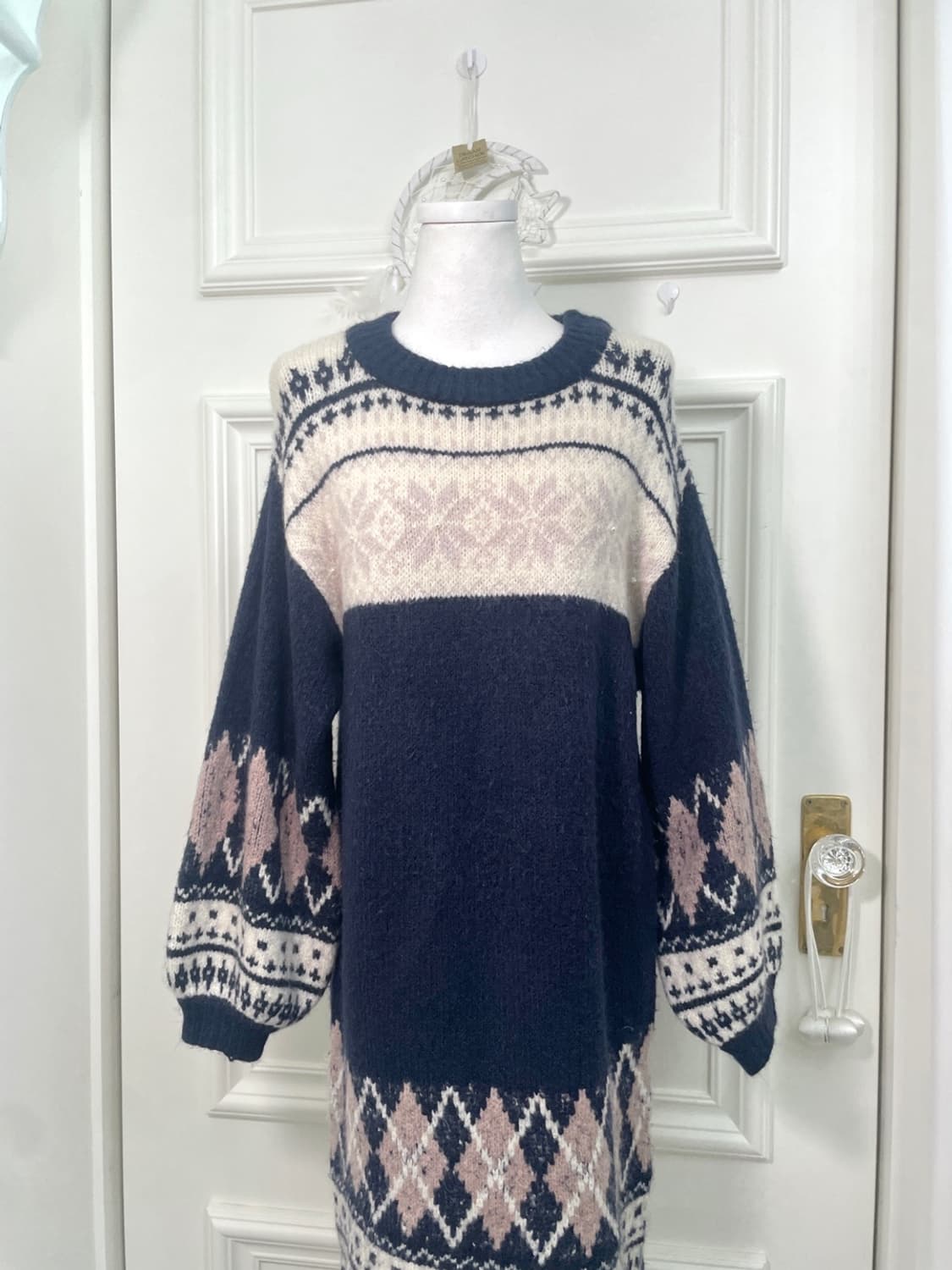 navy pink argyle&notdic pearl point swea 상품이미지5