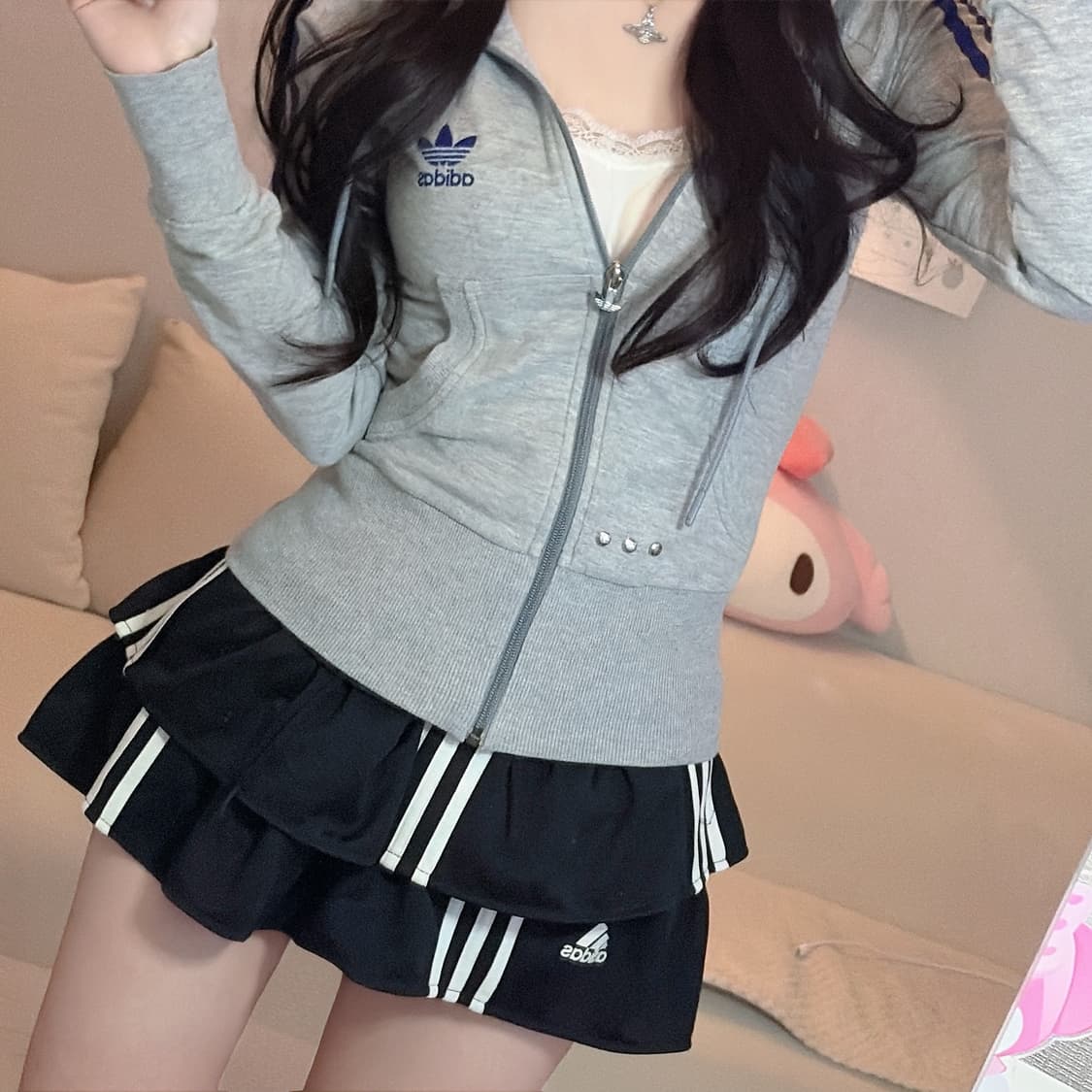 [희귀매물] 아디다스 대장급 딱붙핏 그레이 퍼플 후드집업 85 상품이미지1