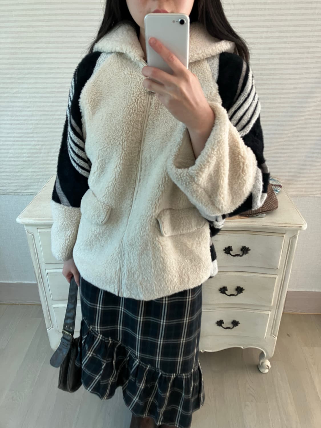 jpn vintage 아이보리 블랙 배색 후드 후리스 y2k 스트릿 갸루 상품이미지3