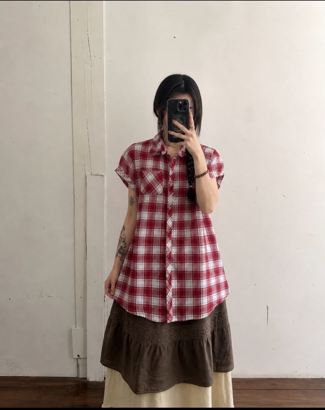 일본 빈티지 레드 체크 반팔 롱 셔츠 상품이미지1