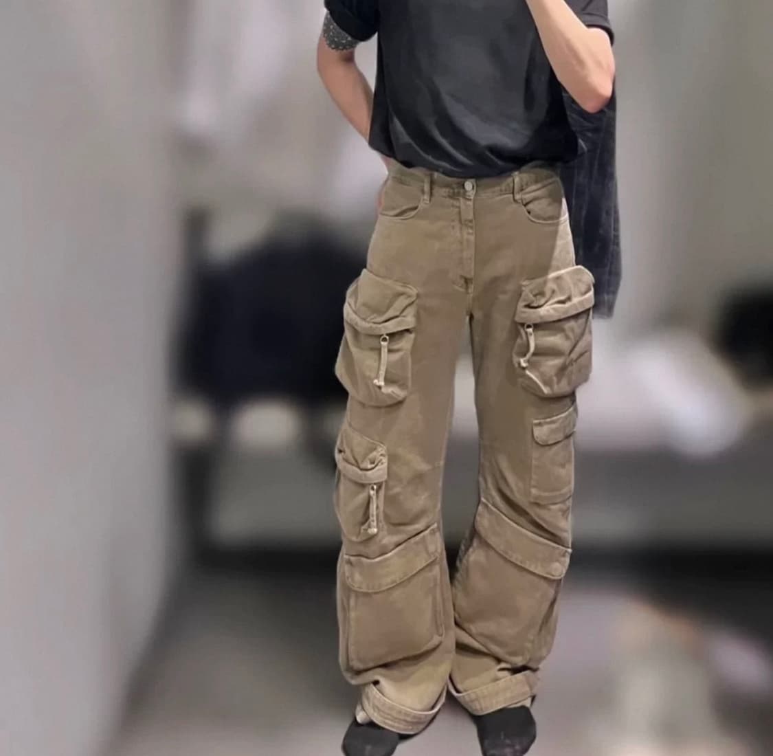 포켓 워싱 와이드 카고팬츠 갈색 XL 상품이미지1