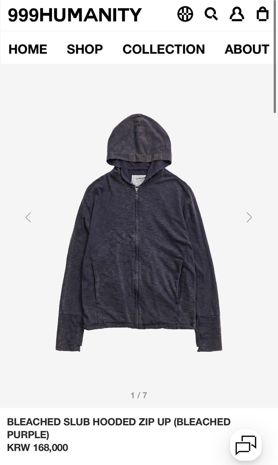 삽니다)999휴머니티-BLEACHED SLUB HOODED ZIP UP 상품이미지1