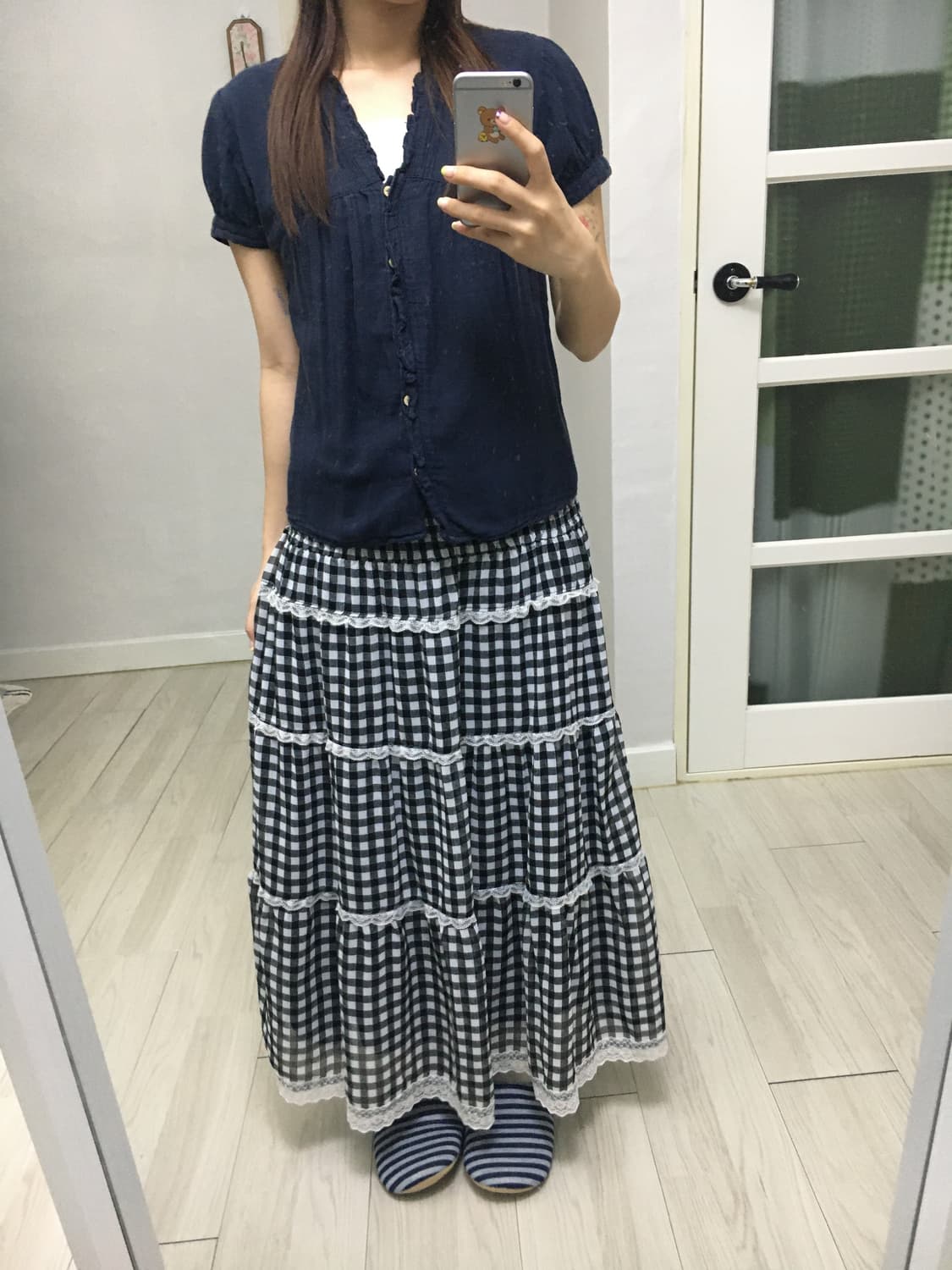 블랙 체크 레이스 롱 스커트 상품이미지2