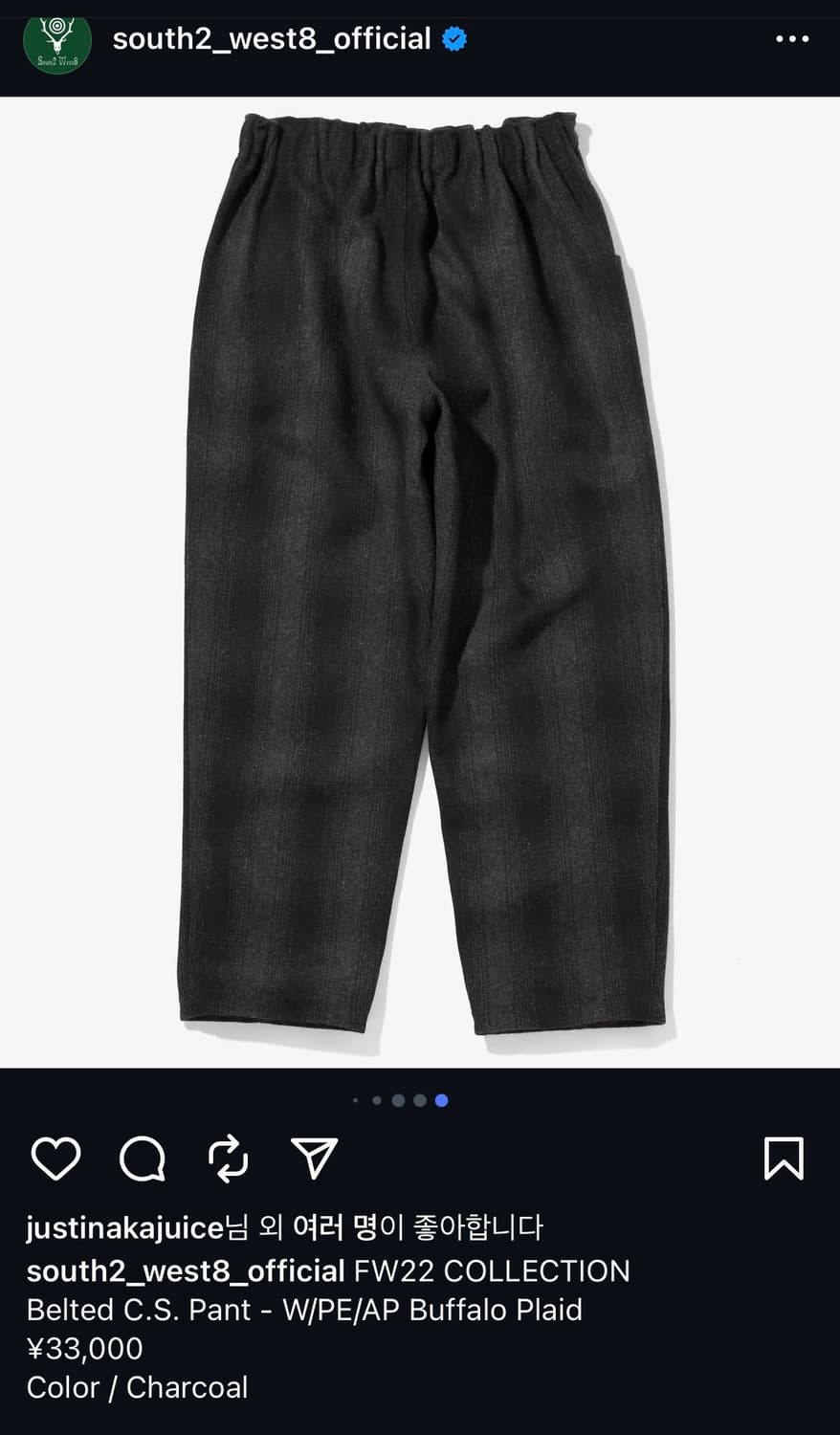 South2West8 남이서팔 C.S 벨티드 울 팬츠 버팔로체크 M사이즈 상품이미지3