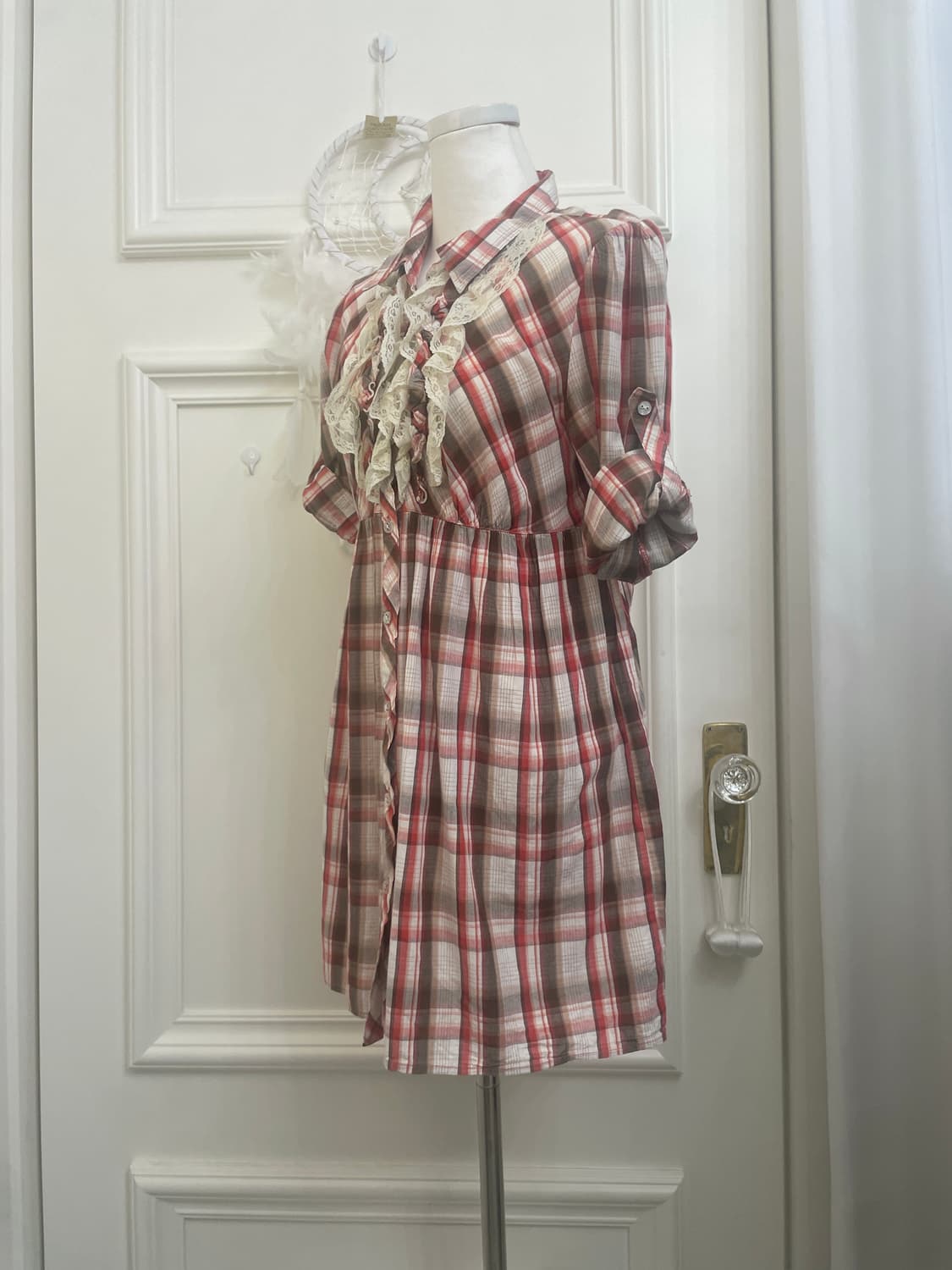 red brown check roll-up lace point midi 상품이미지3