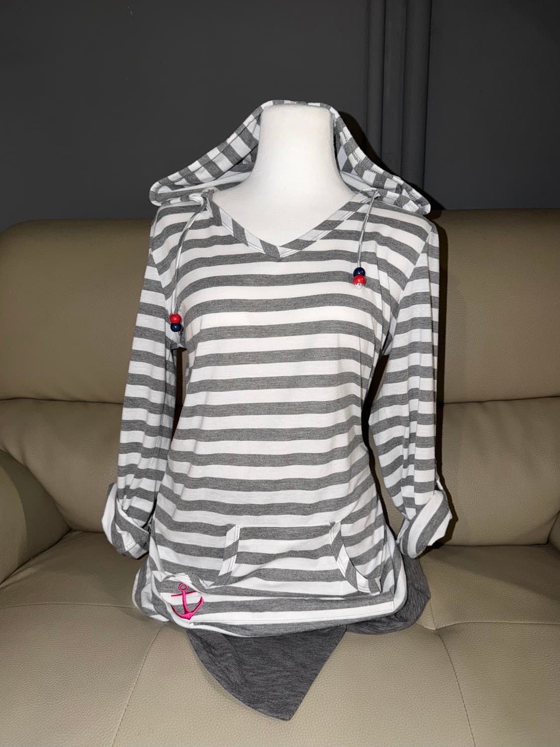 stripe pattern v-neck hood sleeve 상품이미지1