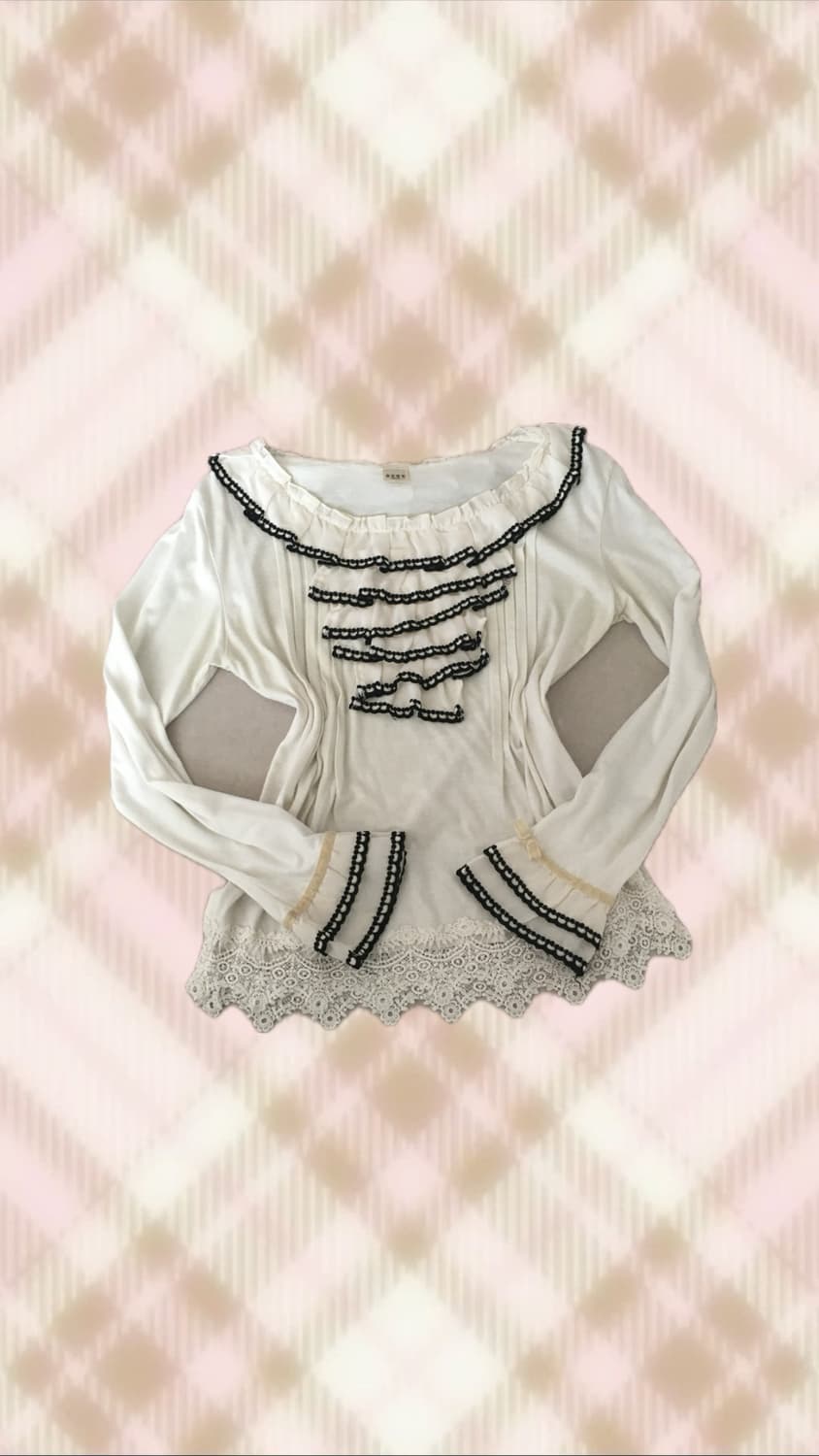 엑시즈팜 화이트 레이스 긴팔 블라우스 니트 라떼 히메 갸루 러블리 로걀 상품이미지1