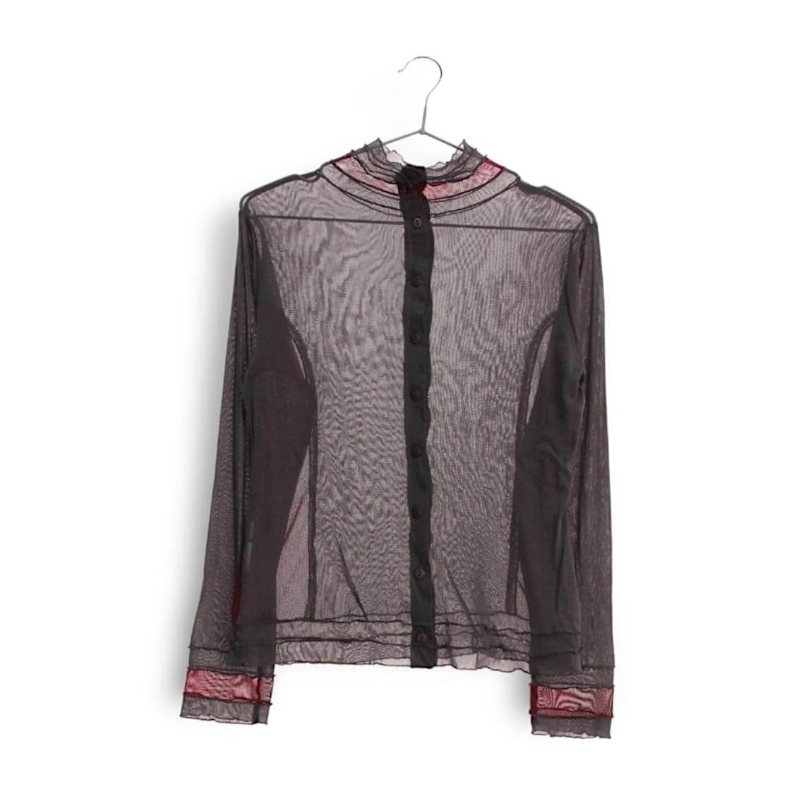 배색 빈티지 시스루 목폴라 블라우스 망사 티셔츠 상품이미지1