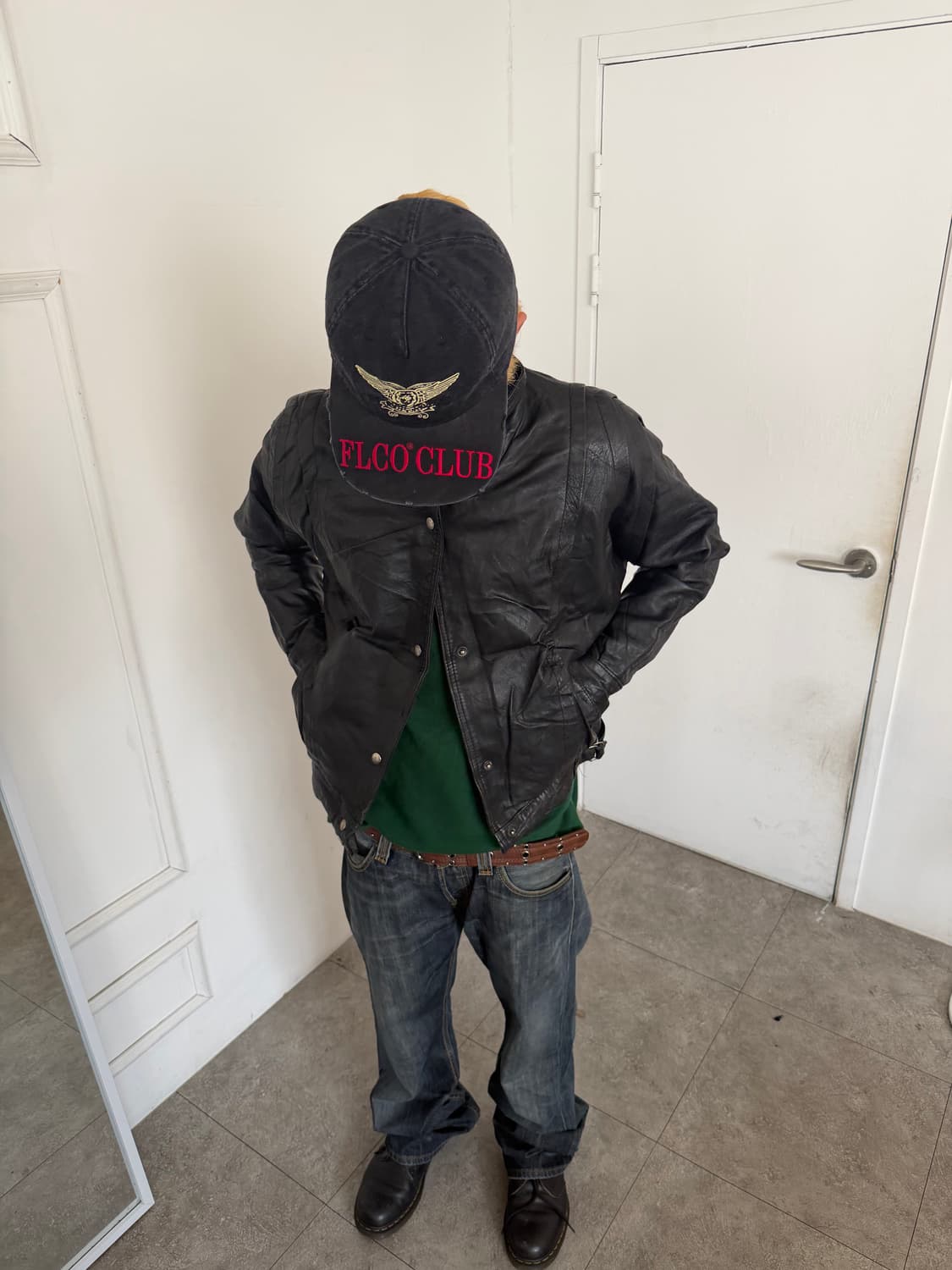 하이넥 버튼 포인트 블루종 레더 자켓 상품이미지4