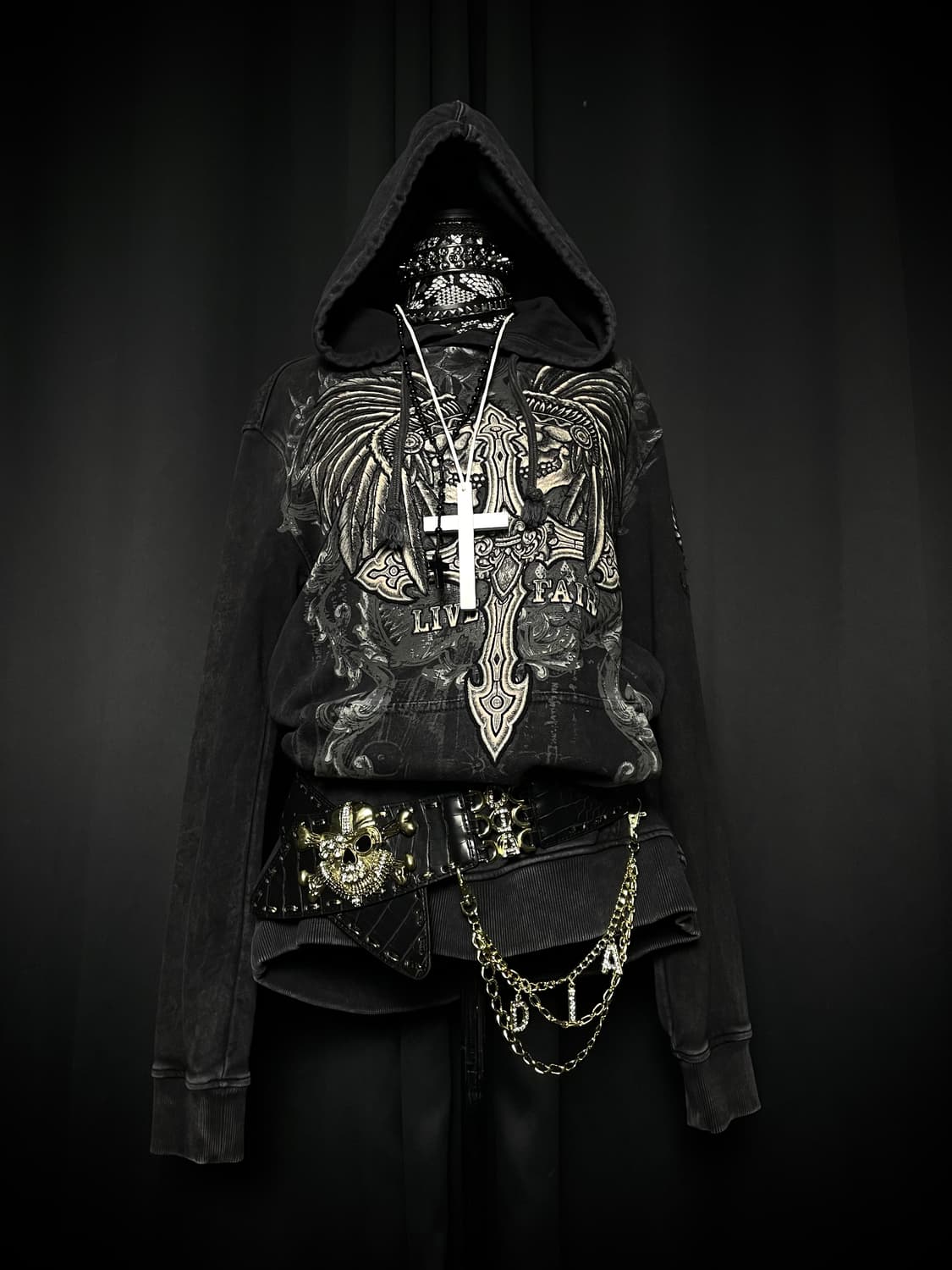 PROITENTE 펑크 자수 십자가 그레이 후드  상품이미지2