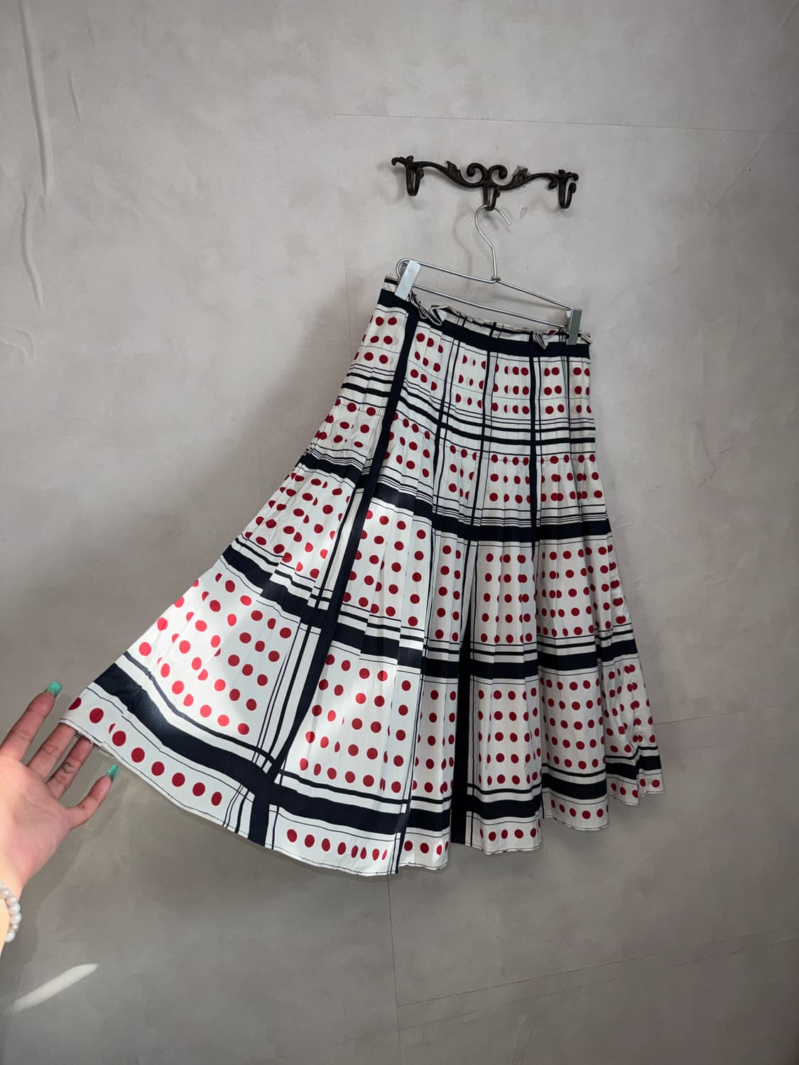 Red navy dot check pleats skirt 상품이미지2
