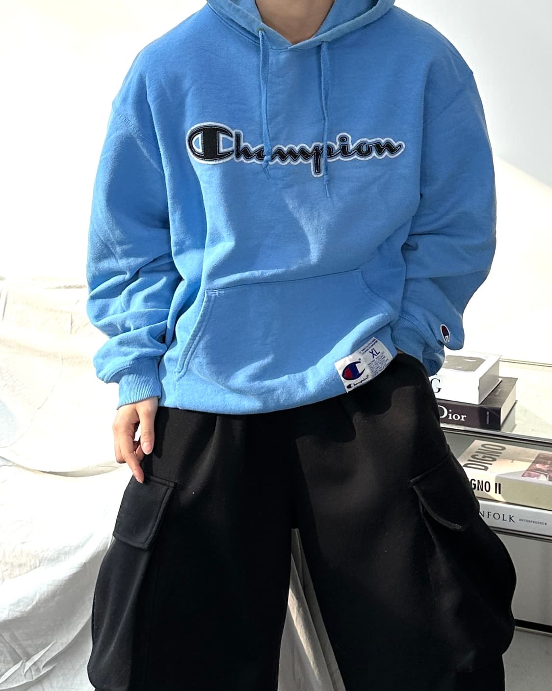 챔피온 블루 어센틱 빅로고 후드티 XL 상품이미지2