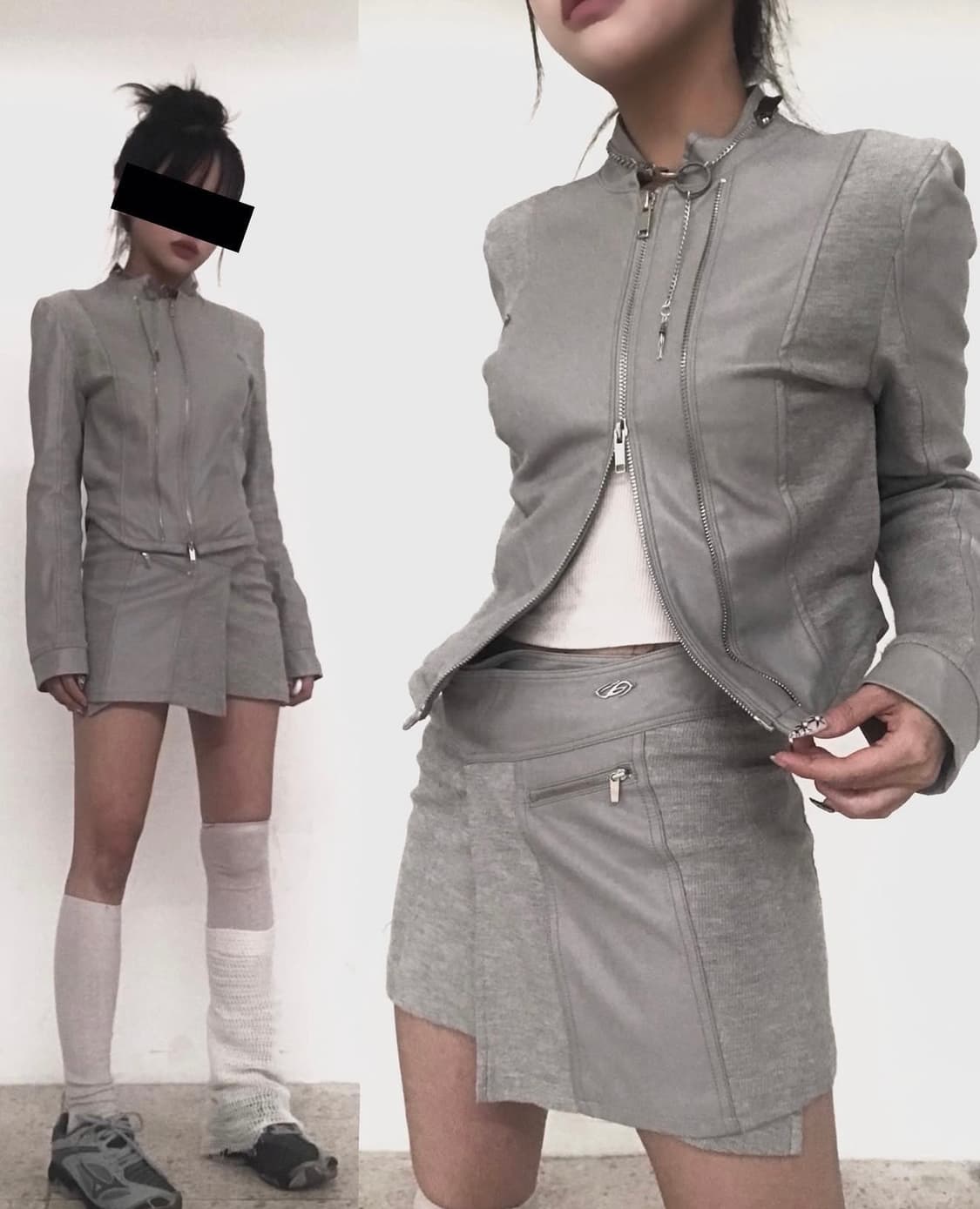 더블 지퍼 레더 자켓 & 치마 라이트 그레이 상품이미지2