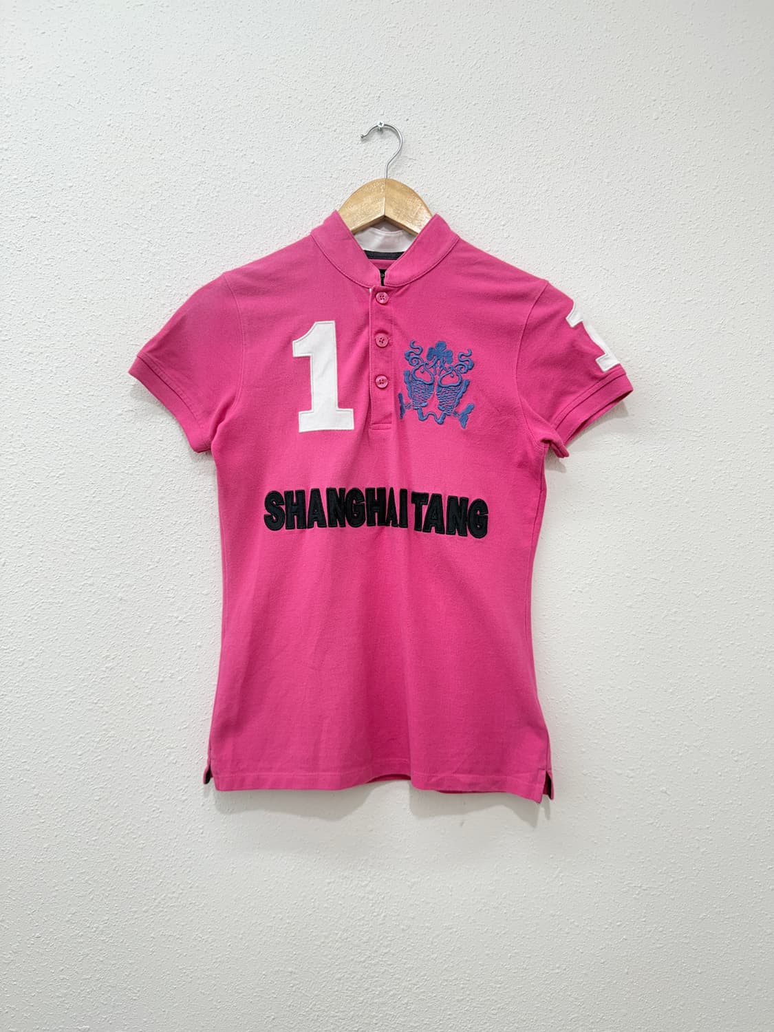빈티지 Shanghai Tang 핫핑크 로고 패치 스탠드 카라티 상품이미지1