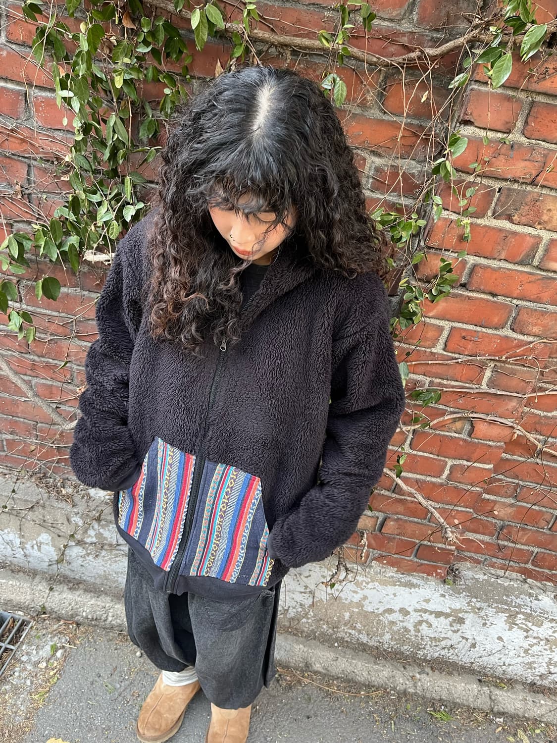 블랙 히피 패턴 주머니 포인트 후드 플리스 집업 상품이미지3