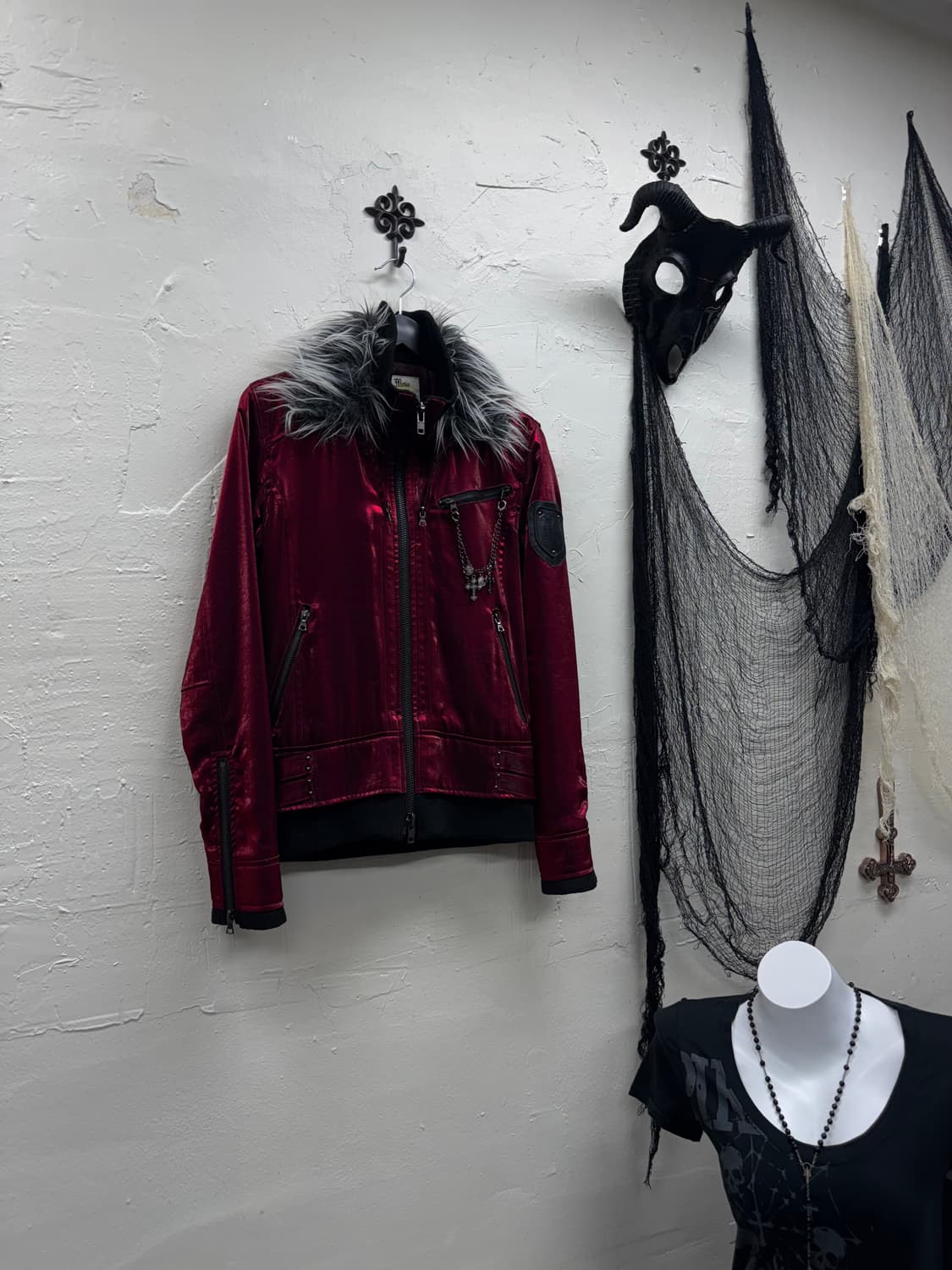 Midas 00s vkei satin red fur jacket 상품이미지4