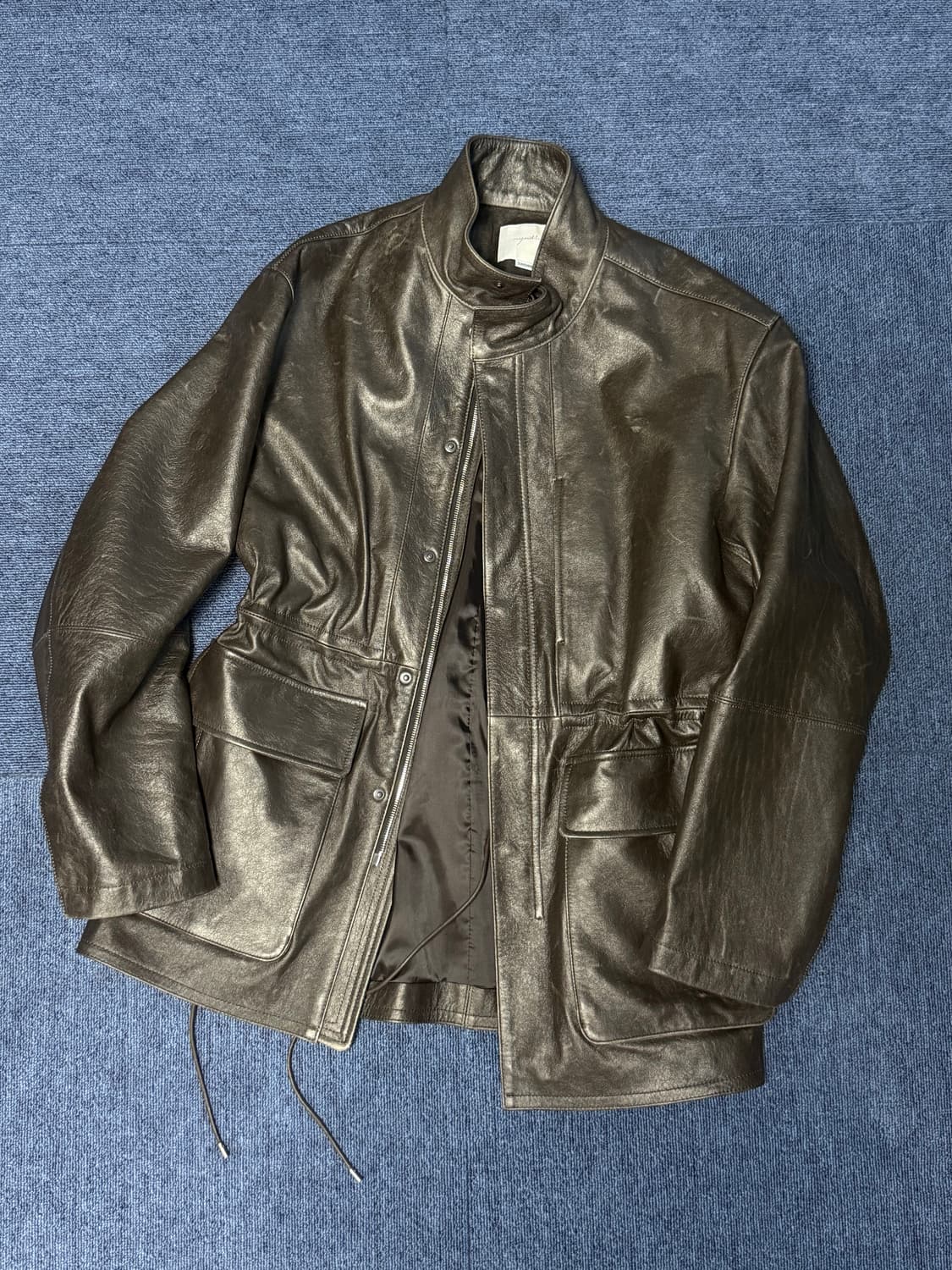 [S] 유스 하이넥 레더 하프 코트 상품이미지4