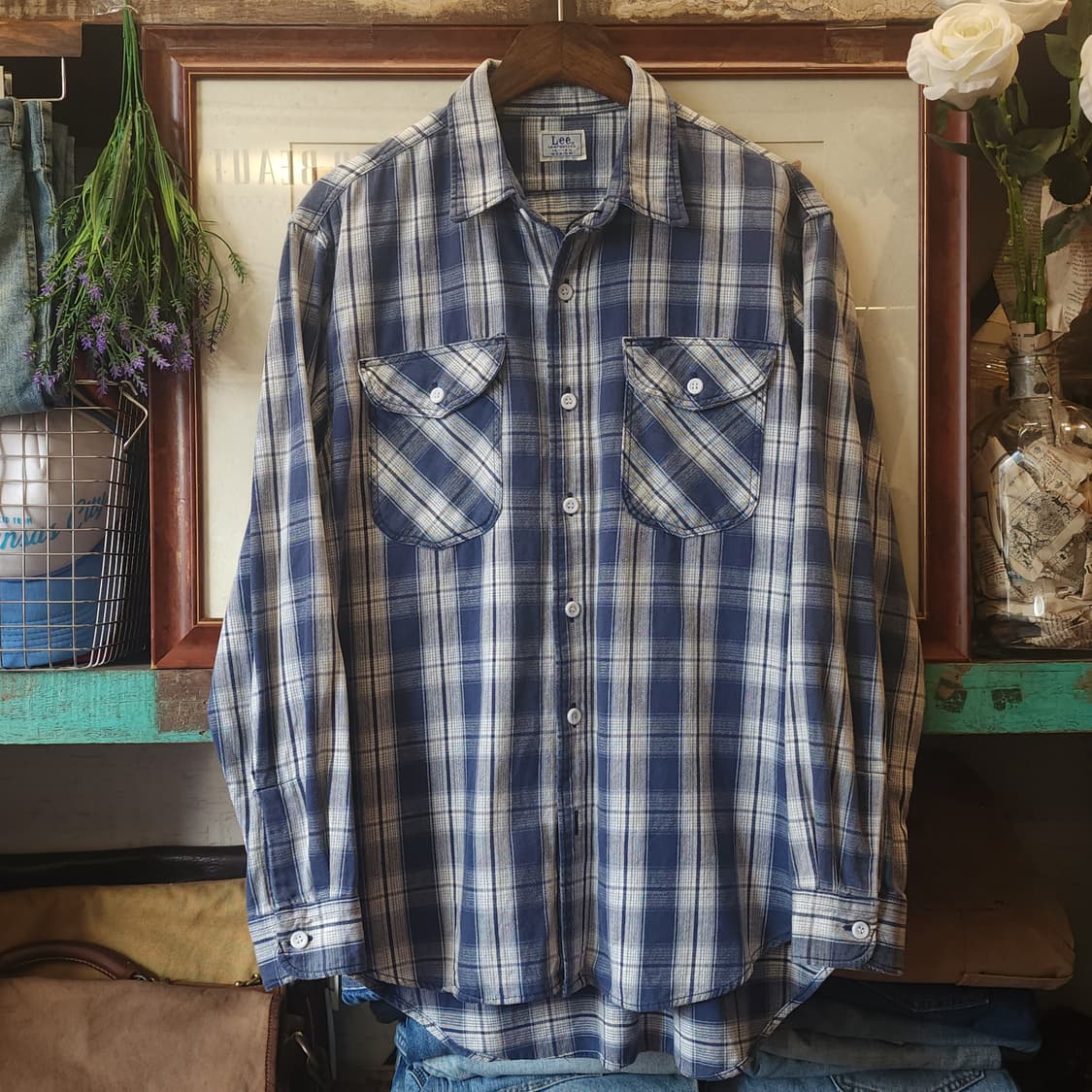 90s Lee 빈티지 체크셔츠 아메리칸 빈티지 플란넬 워크셔츠 블루 m 상품이미지1