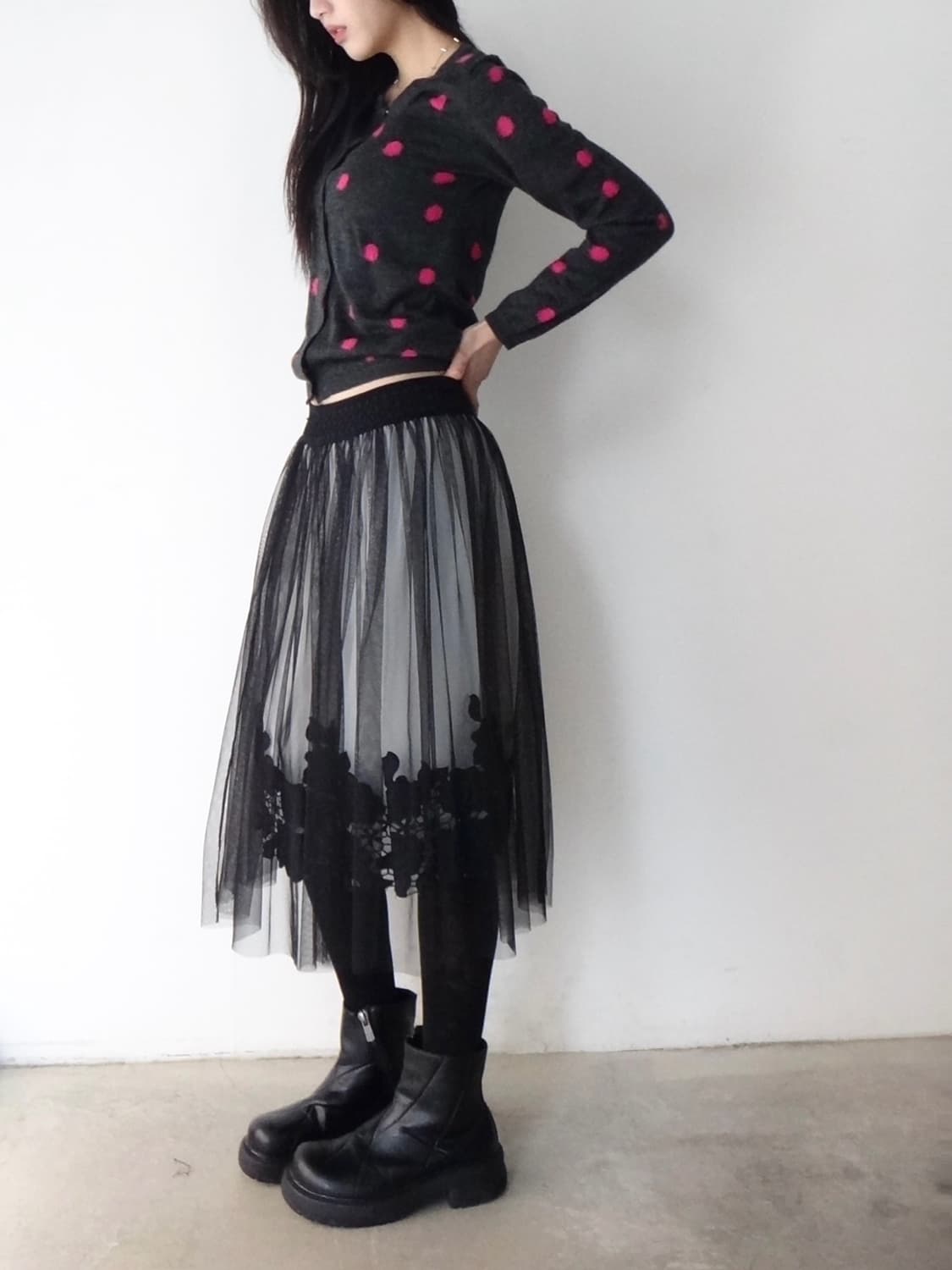 Floral jacquard tulle skirt / black 상품이미지5