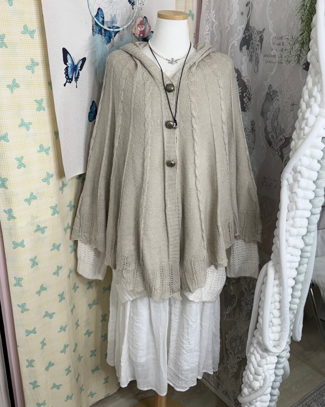 베이지 케이프 후드 니트 가디건 상품이미지2