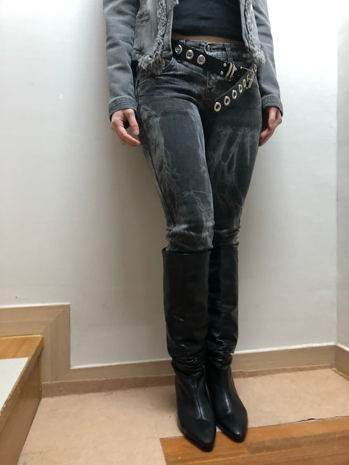 빈티지 블랙 펑크 데님 팬츠 상품이미지5