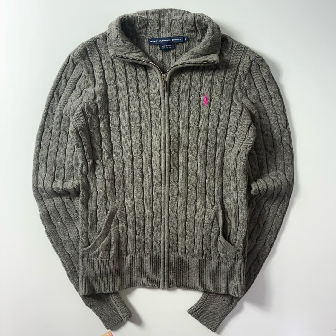 Polo  랄프로렌 스포츠 자수 코튼 그레이 꽈배기 니트집업 상품이미지1