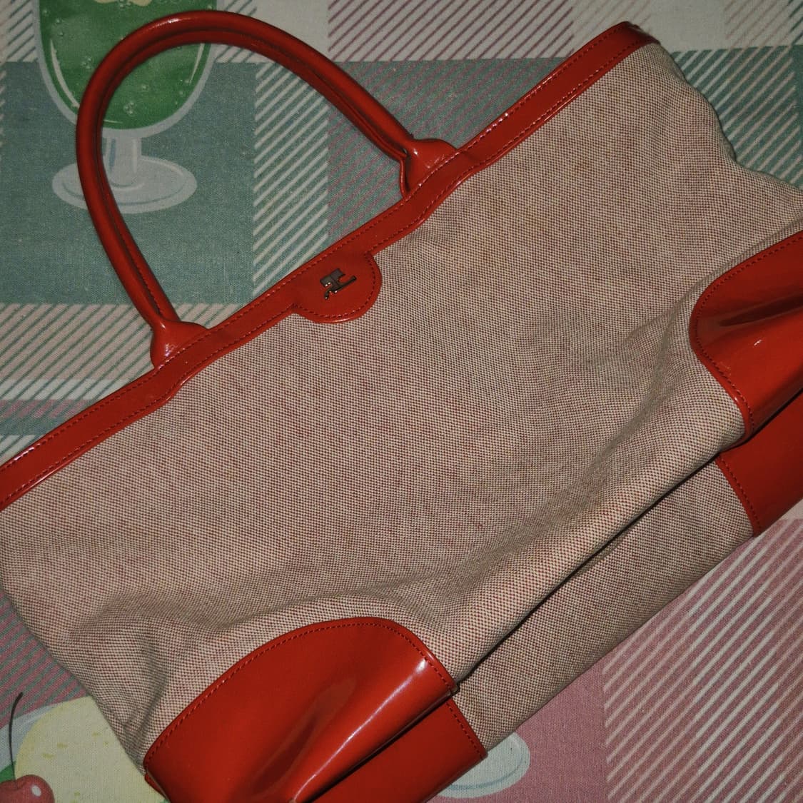 90s 프랑스 꾸레쥬 레드 에나멜 자카드 토트백 상품이미지10