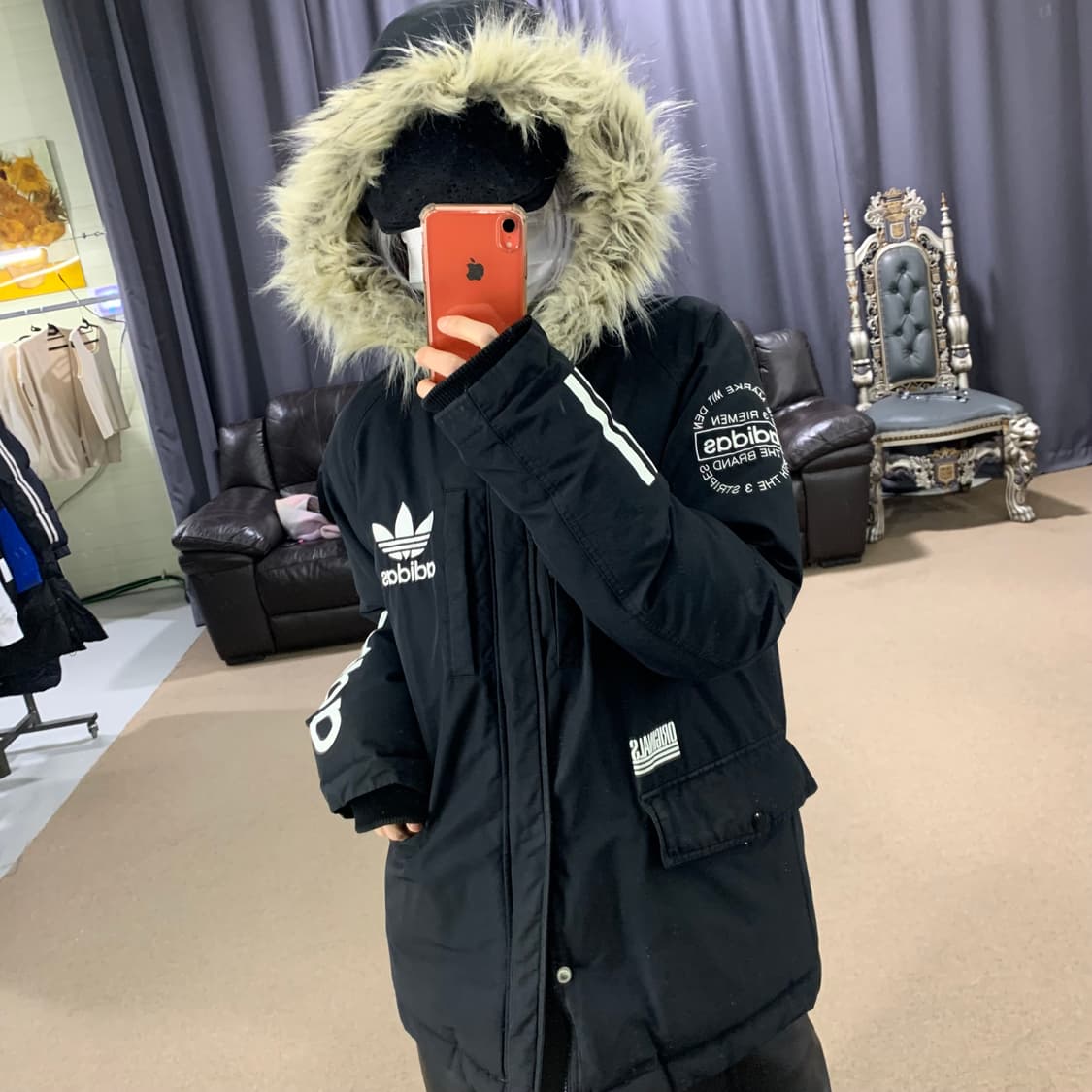 아디다스 오리지널스 블랙 패딩 점퍼 110 남녀공용 울프죠 퍼후드 00s 상품이미지1