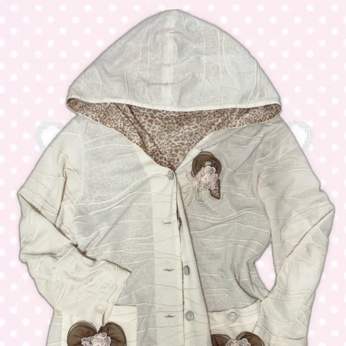 라떼갸루맛 호피 레오파드 대장템 장미리본 장식 후드 롱 코트 아우터 상품이미지2