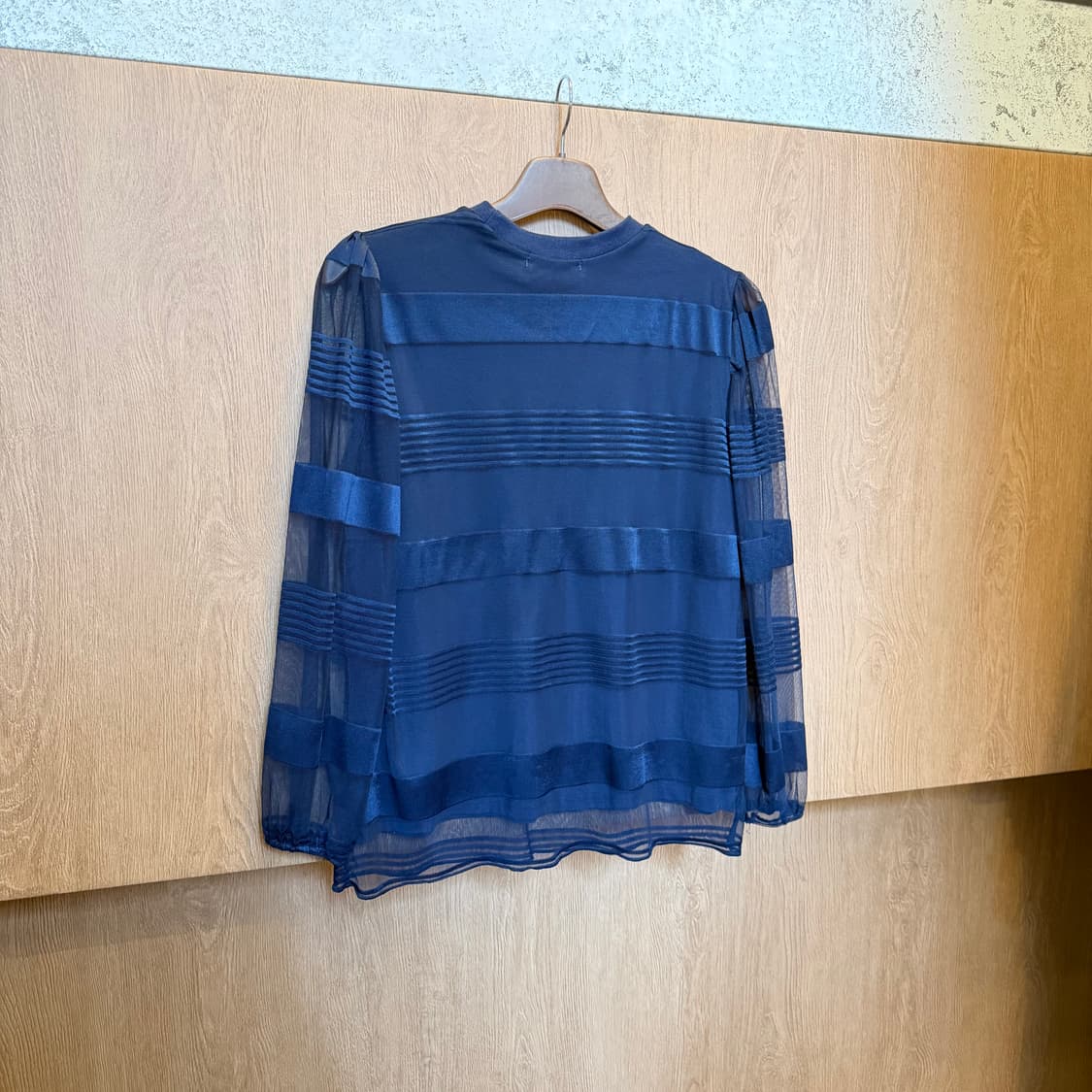 빈티지 긴팔 블라우스 쉬폰 시스루 스트라이프 배색 디테일 네이비 상품이미지2