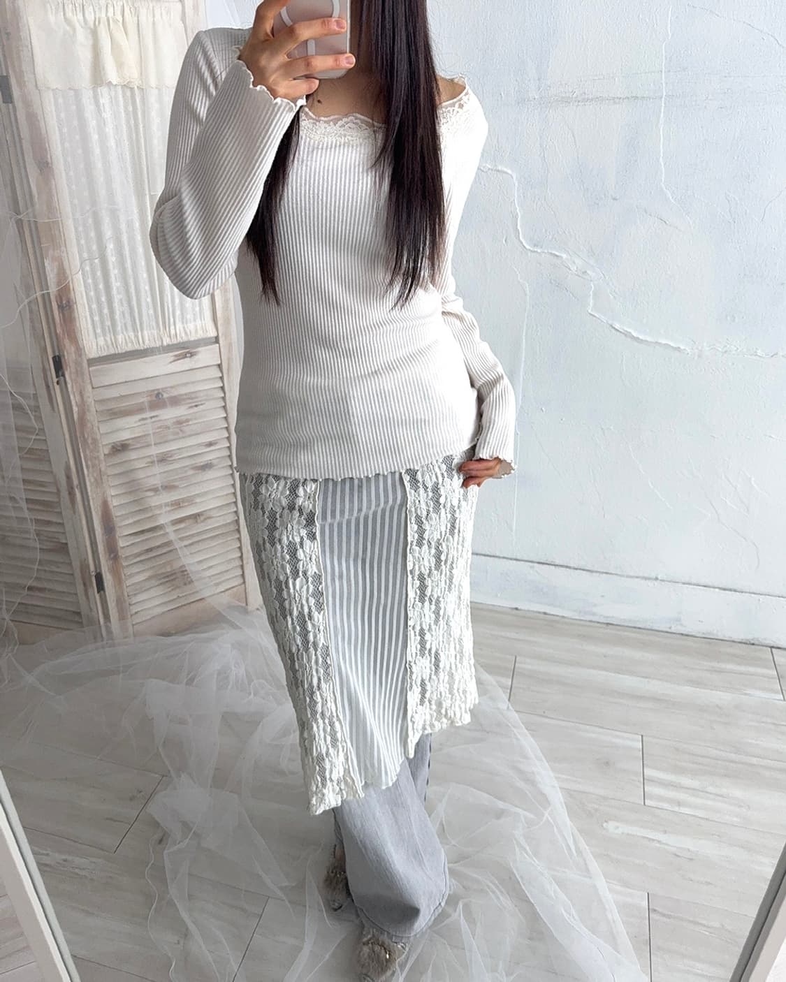 Ivory Lace Layering Midi Skirt 상품이미지2