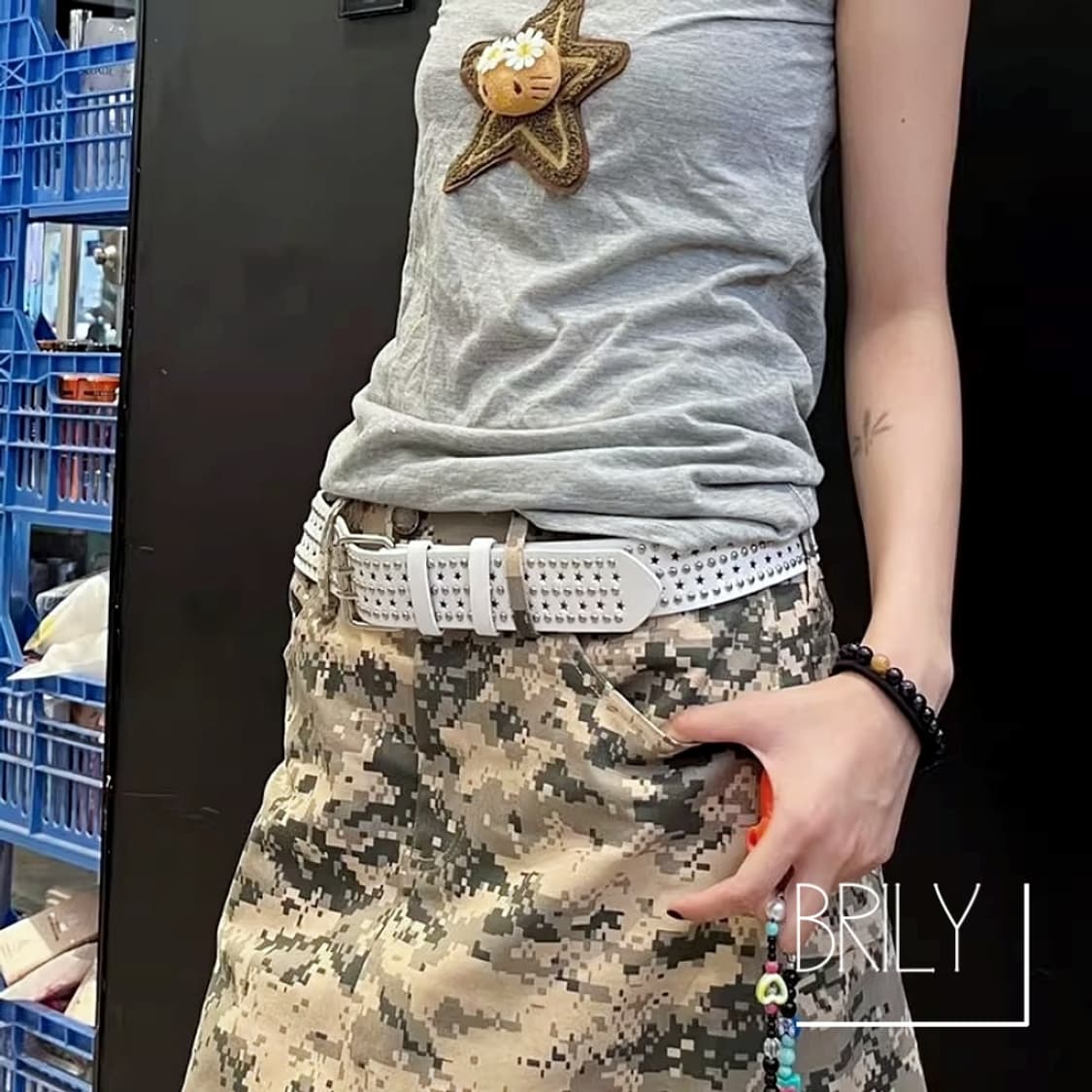 [Unisex] BELL 멀티 스터드 별 펀칭 가죽 벨트 화이트 상품이미지3