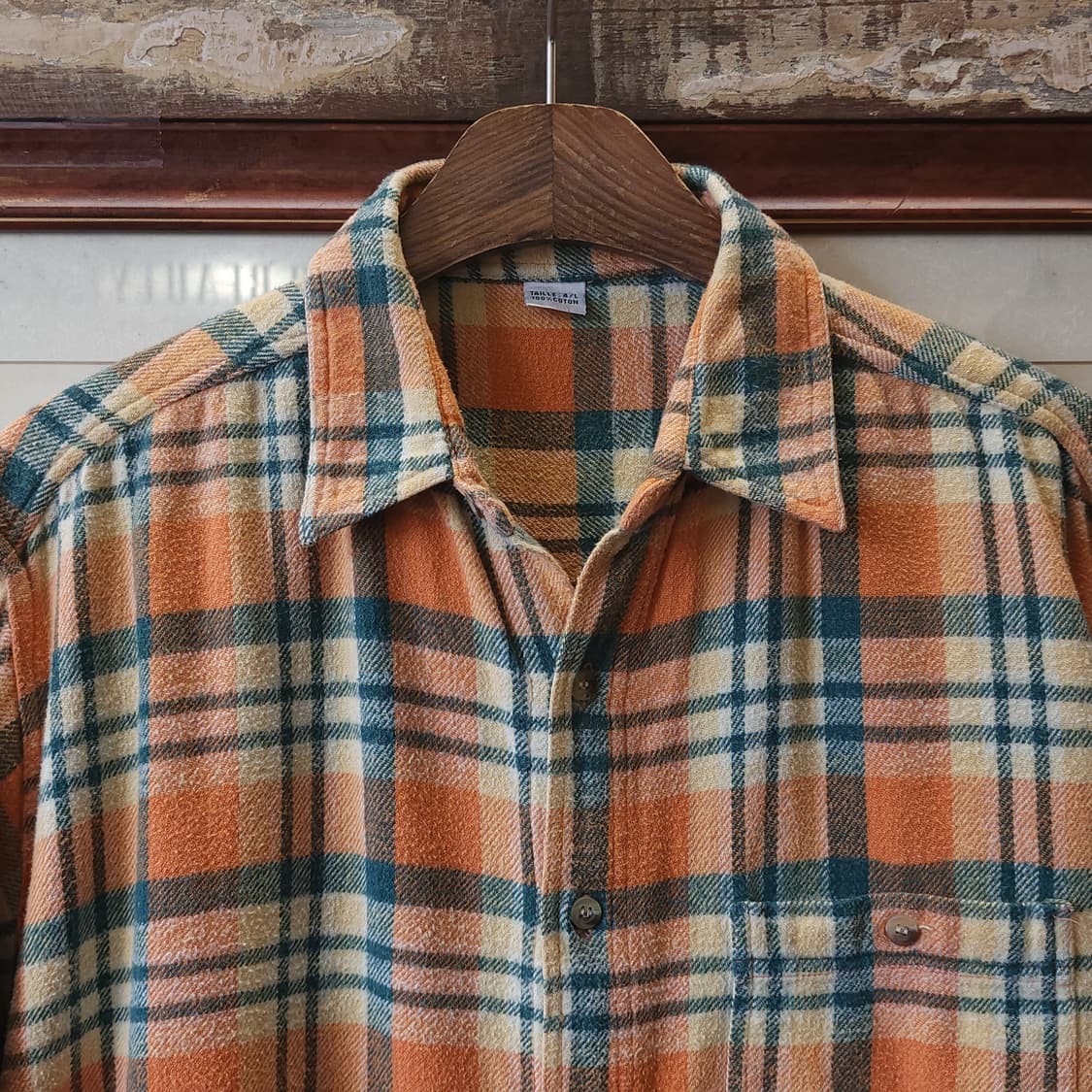 90s 아메리칸 빈티지 체크셔츠 헤비 플란넬 워크셔츠 오렌지 헤어리 L 상품이미지4
