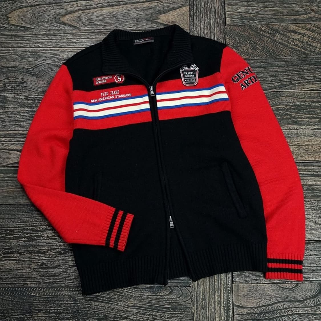 [푸부] 올드스쿨 빈티지 레이싱 패치 니트 집업 가디건 M16846 상품이미지1