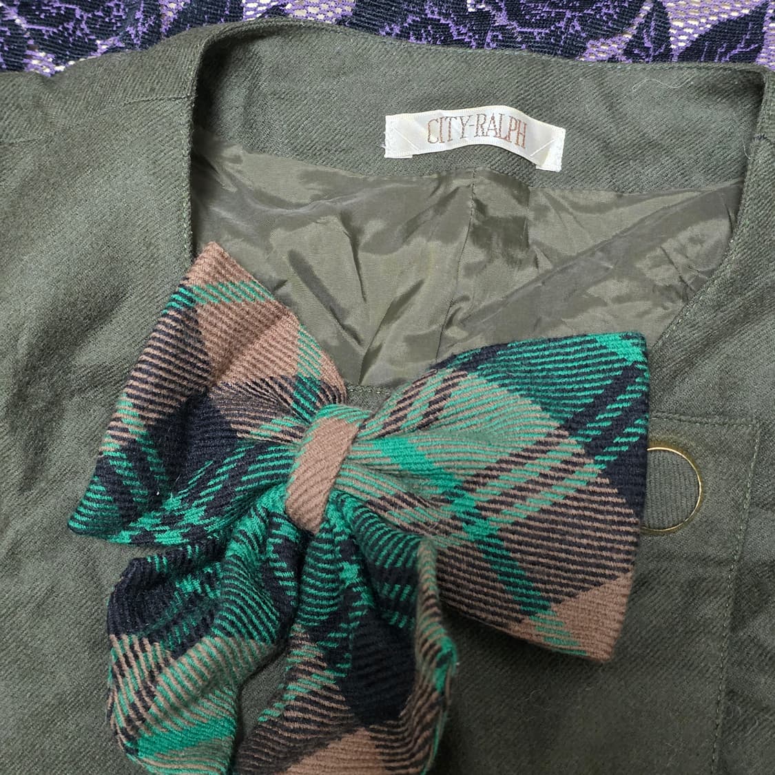 일본빈티지)고딕로리타st 양복 로맨틱 체크리본 카키 다크그린 마이크롭자켓 상품이미지4