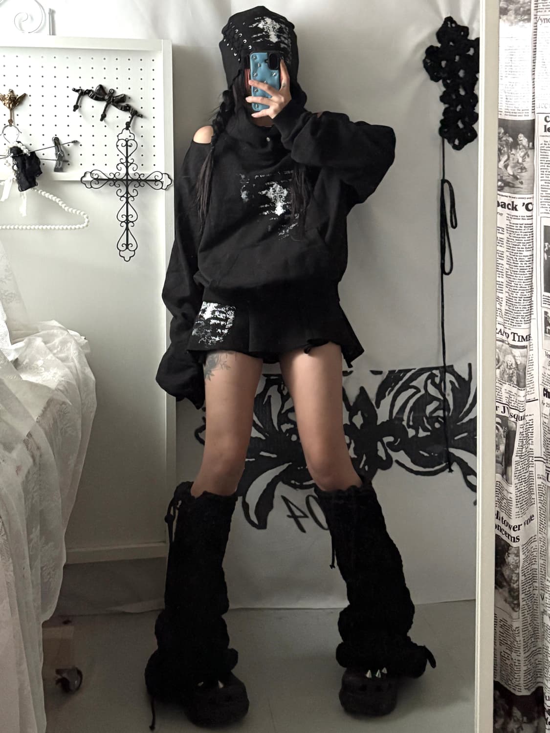 • hurtmade Black Cross logo eyelet beani 상품이미지4