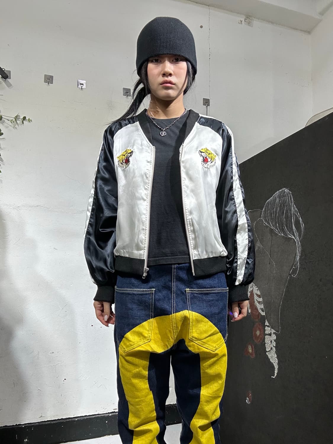 일본빈티지 Nicoron 화이트 블랙 호랑이 크롭 스카잔 상품이미지1