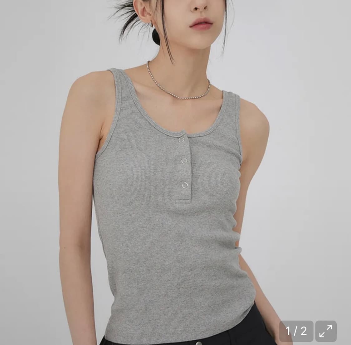 스냅 헨리넥 골지 슬리브리스 그레이 상품이미지1