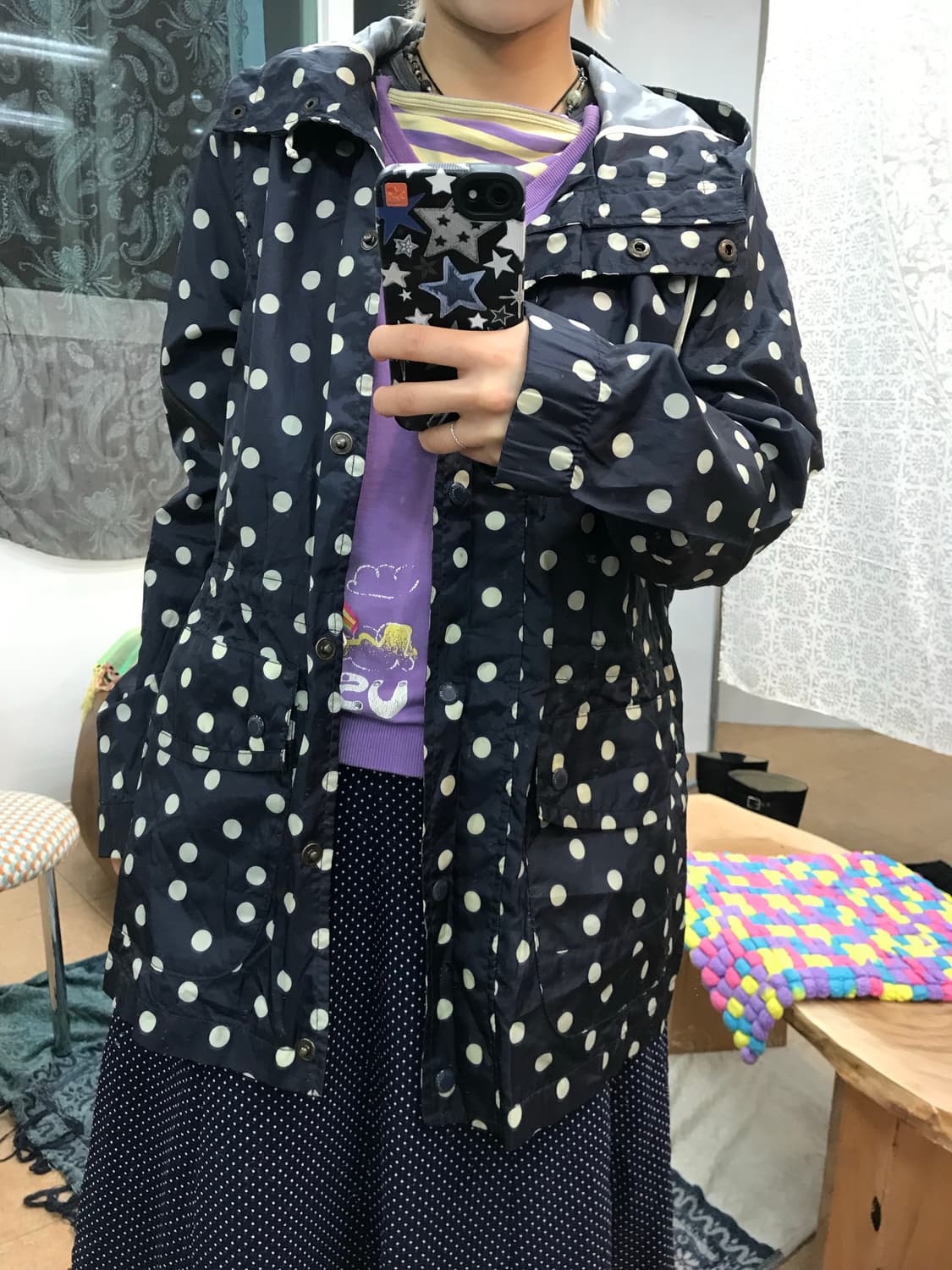 후아유 도트 홑겹 롱 바람막이 자켓  상품이미지1