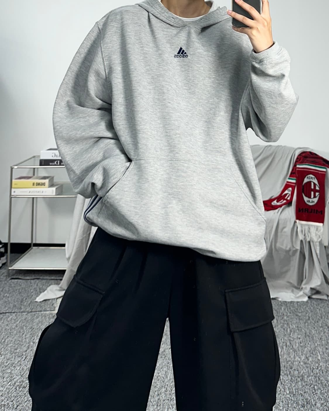 아디다스 트레포일 그레이 오버핏 후드티 L 상품이미지4