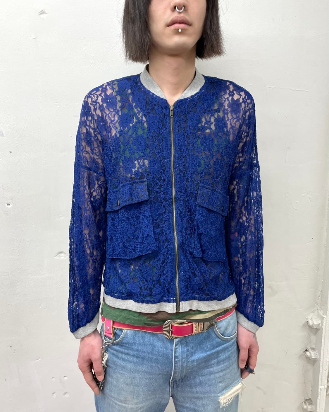 Navy Flower Mesh Big Pocket Zip-Up 상품이미지3