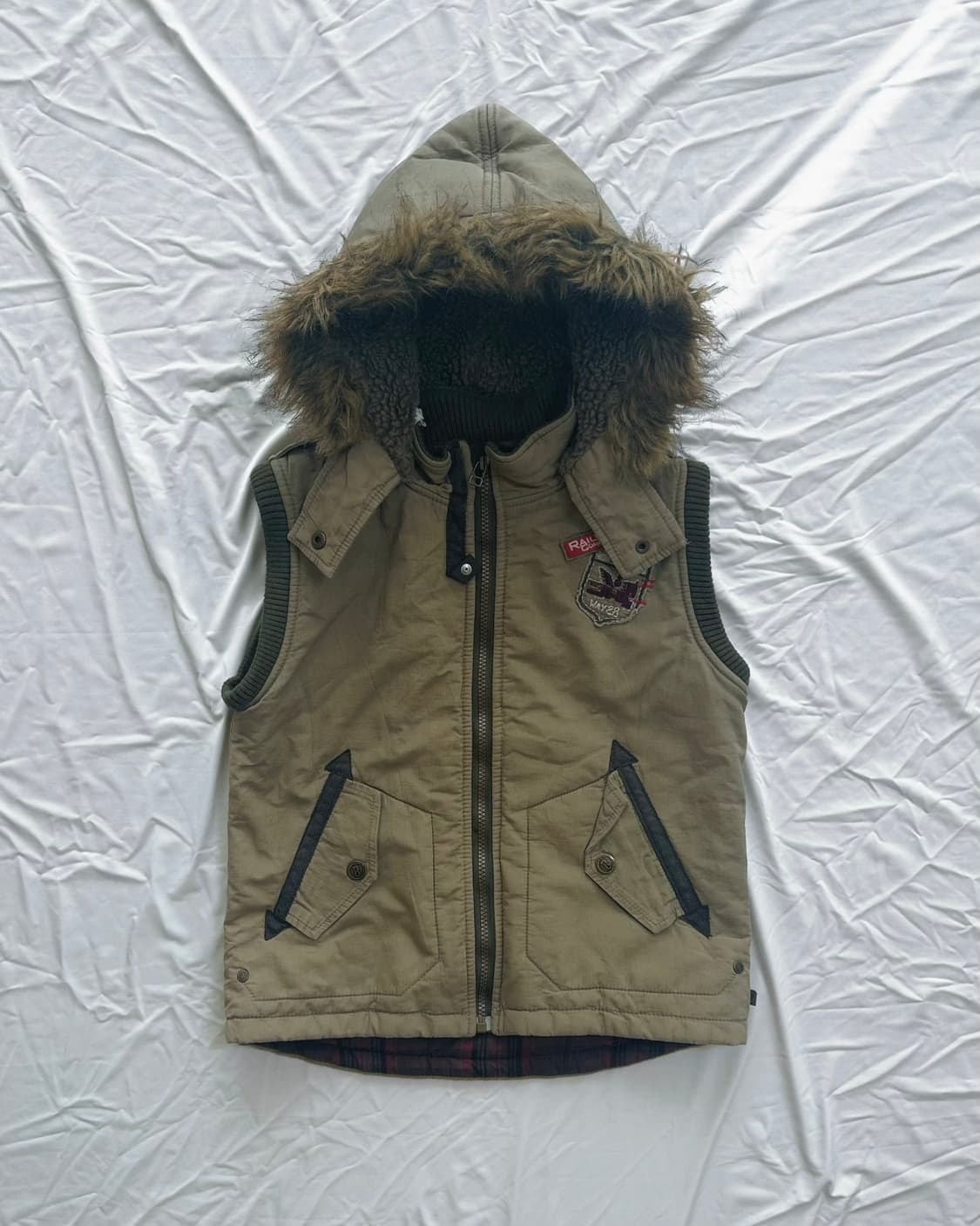Vintage Faux Fur Hooded Utility Vest 상품이미지1